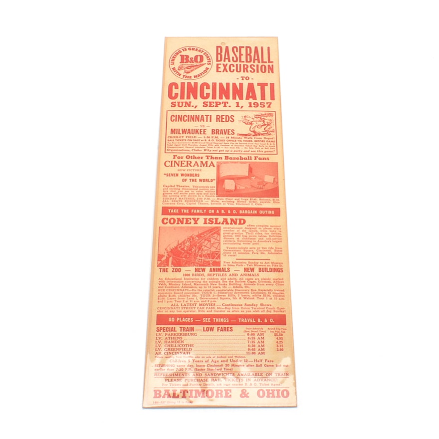 1957 Cincinnati Reds Vs. Braves "B & O" Broadside
