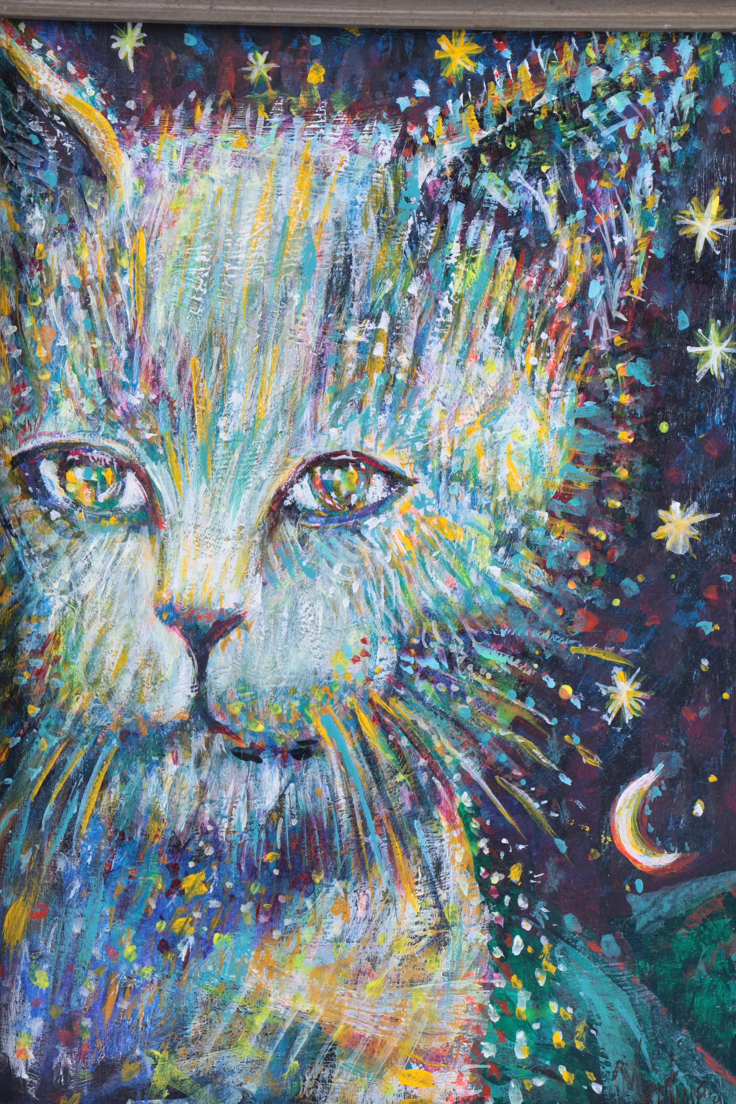 Oil Painting of A Cat in the Night Sky