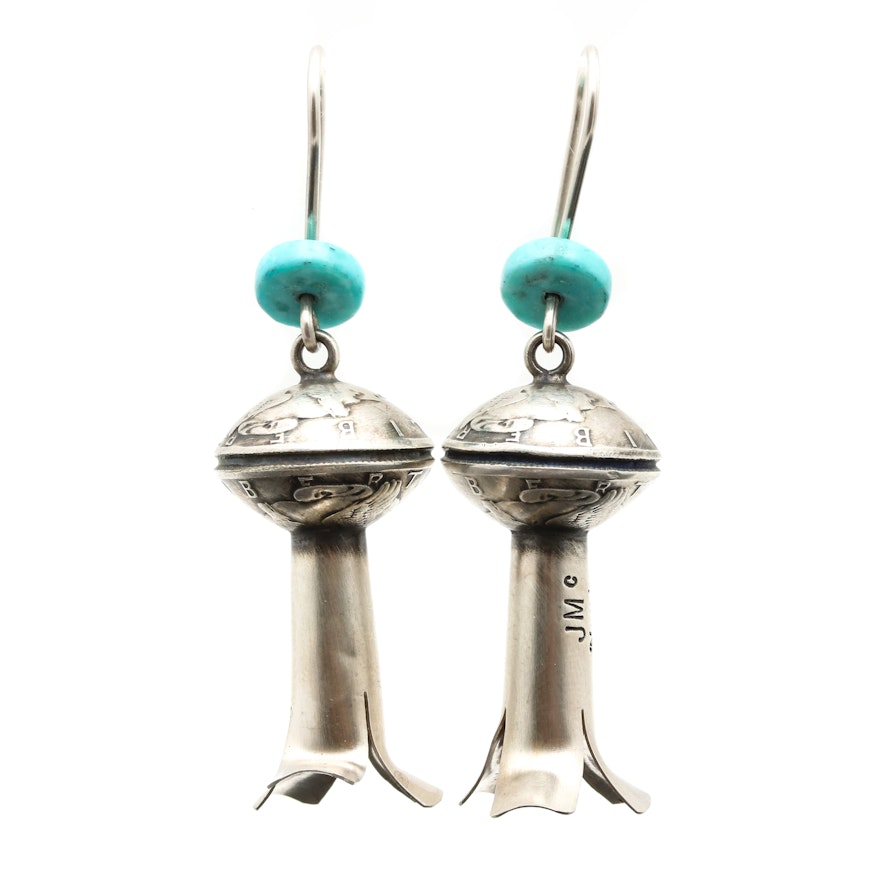 James McCabe Navajo Sterling & 900 Silver Turquoise Coin Squash Blossom Earrings