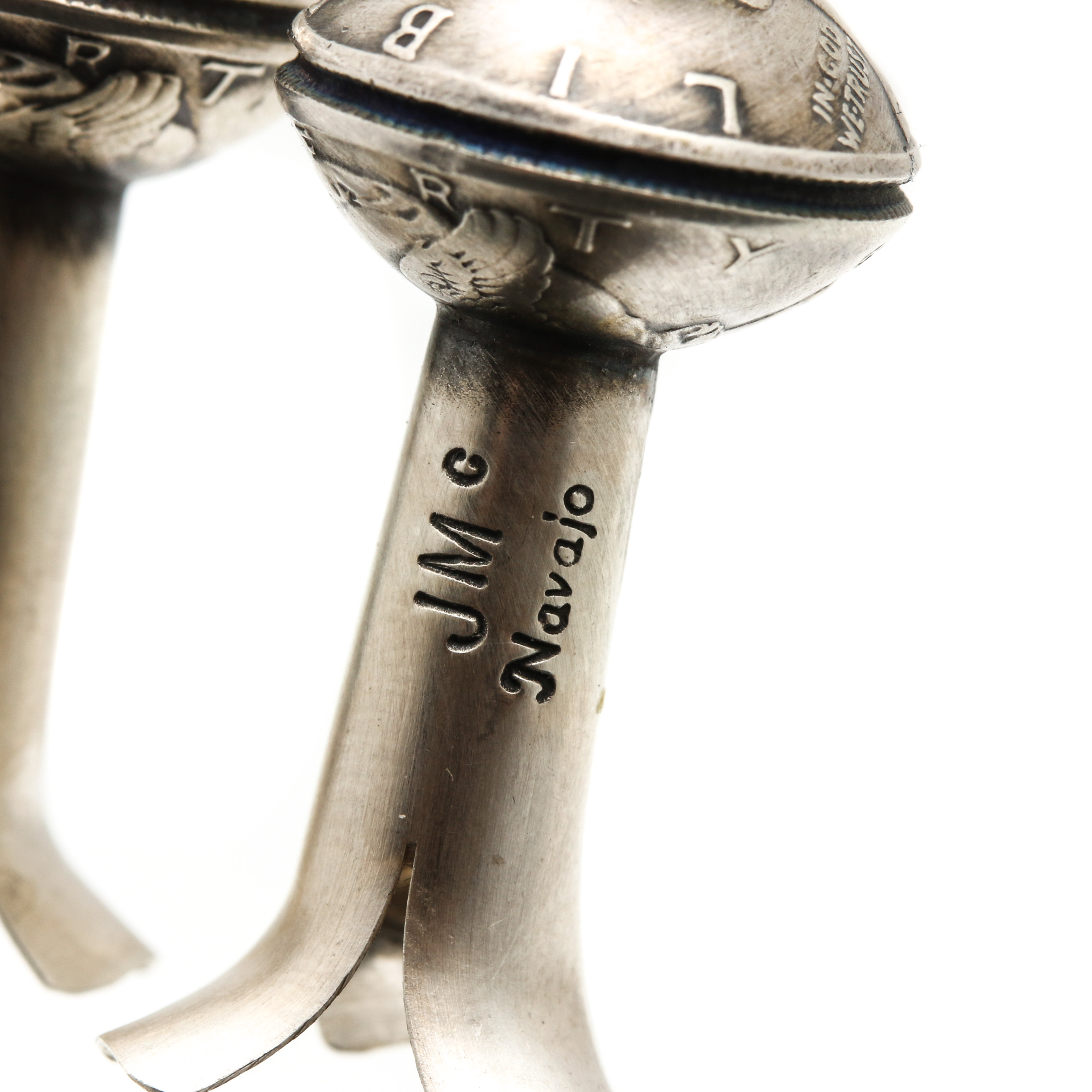 James McCabe Navajo Sterling & 900 Silver Turquoise Coin Squash Blossom Earrings