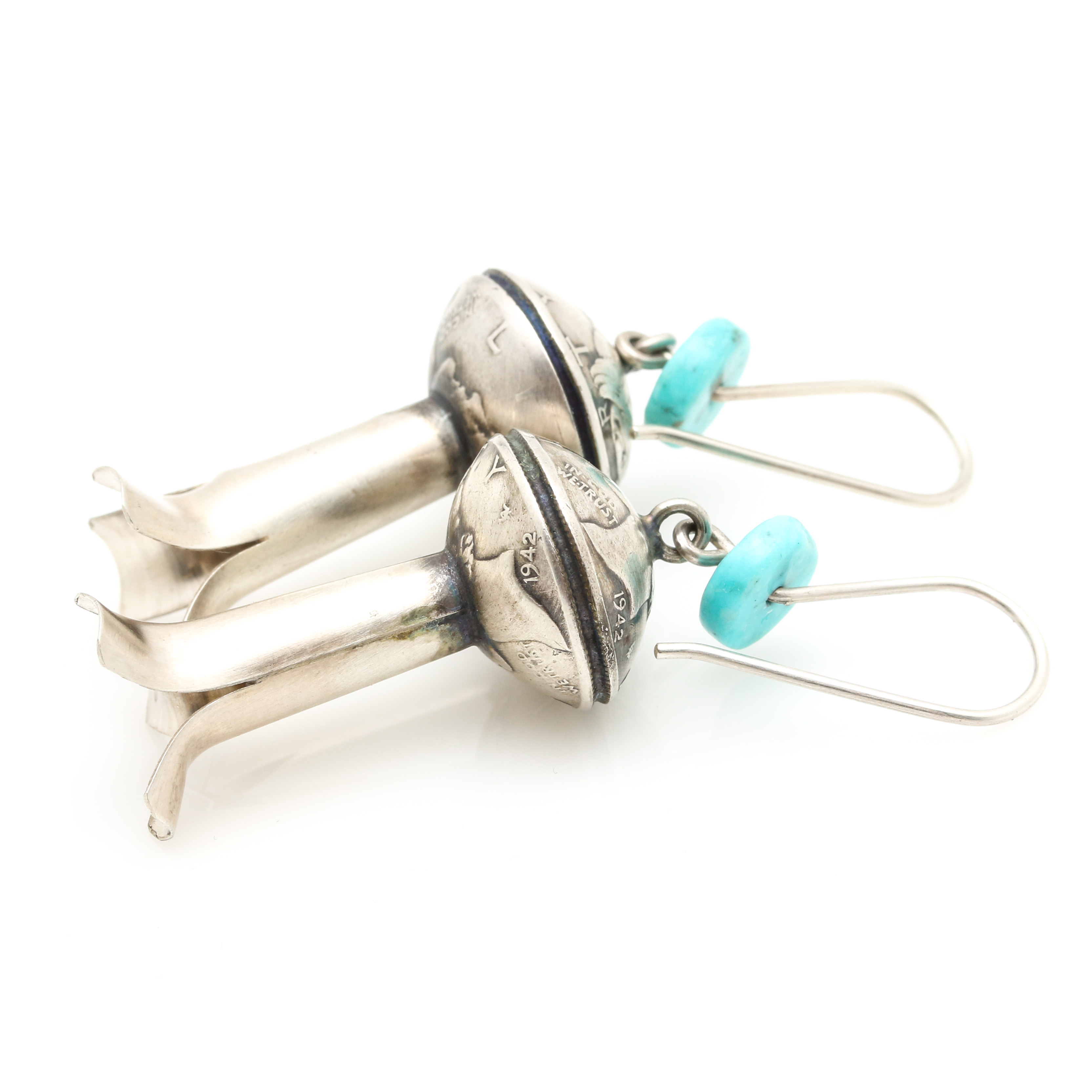 James McCabe Navajo Sterling & 900 Silver Turquoise Coin Squash Blossom Earrings