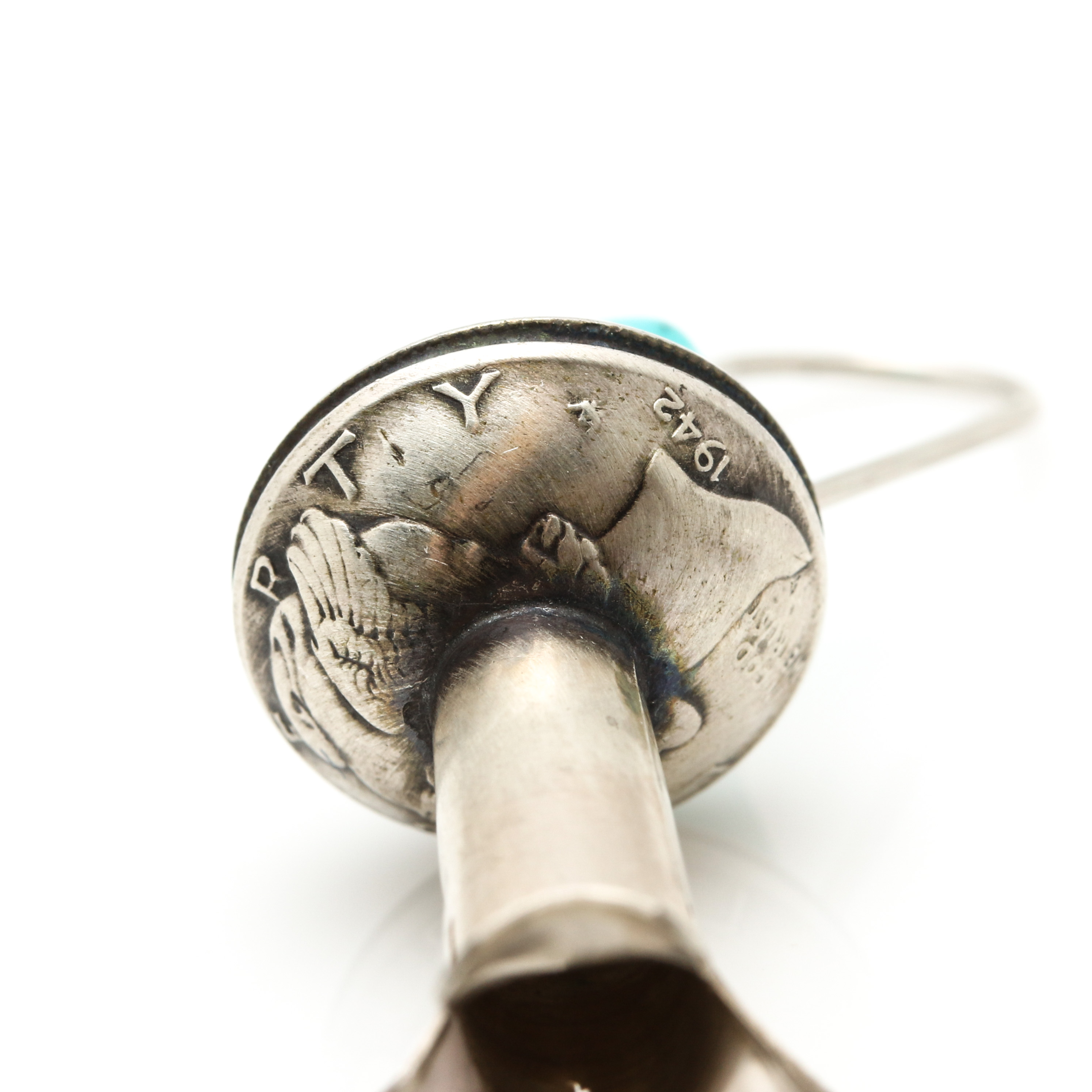 James McCabe Navajo Sterling & 900 Silver Turquoise Coin Squash Blossom Earrings