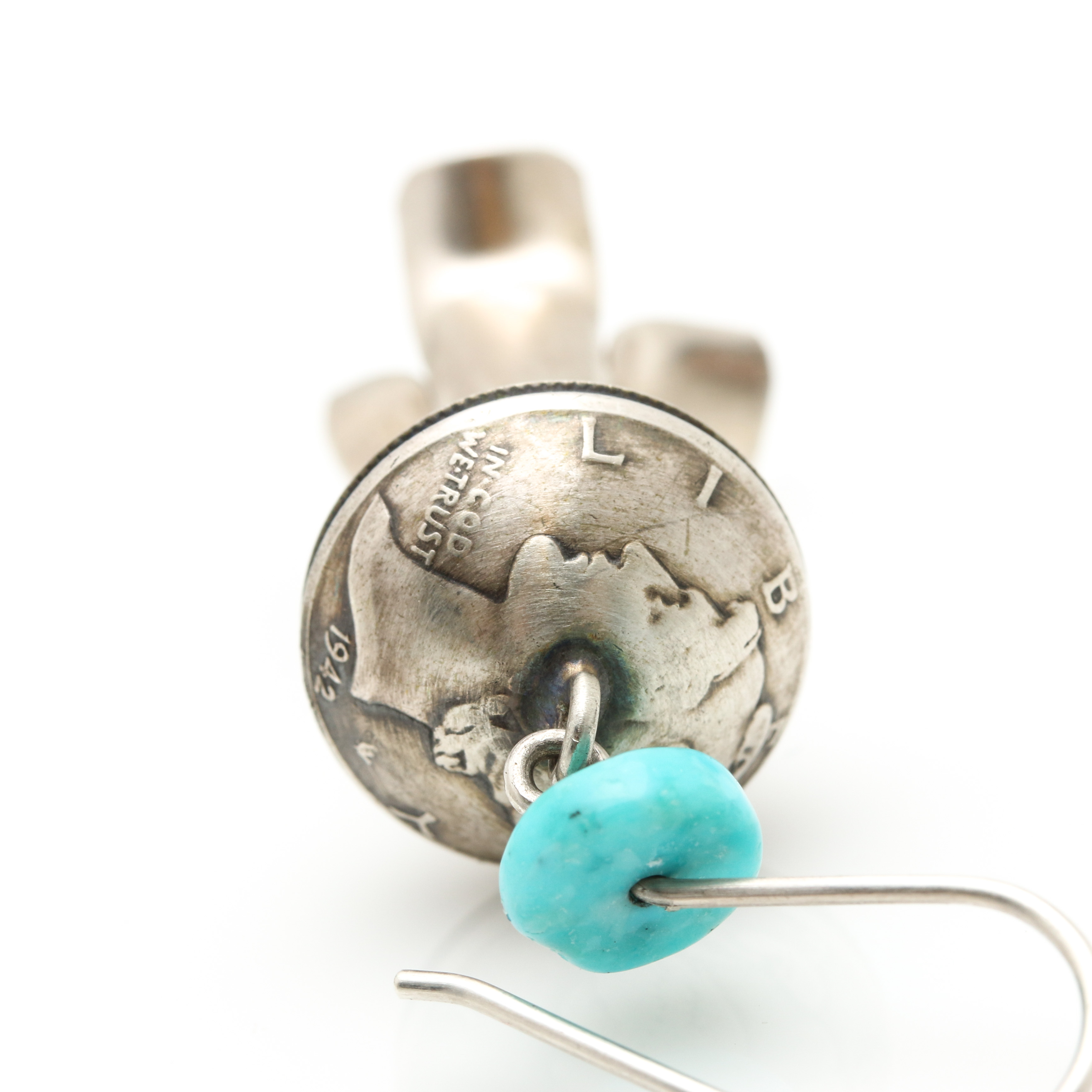 James McCabe Navajo Sterling & 900 Silver Turquoise Coin Squash Blossom Earrings