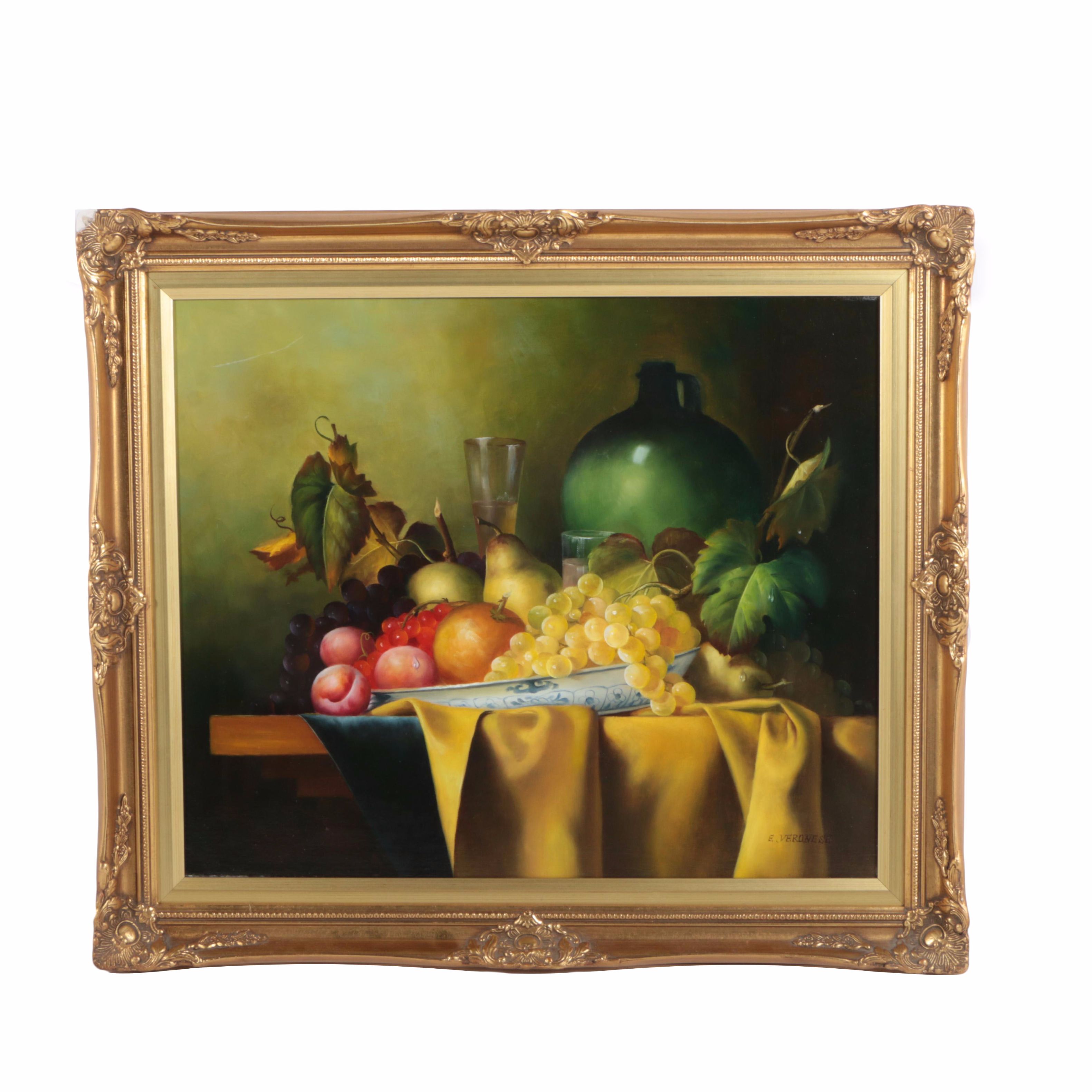 E. Veronese Oil Painting on Canvas of Still Life with Fruit and Wine