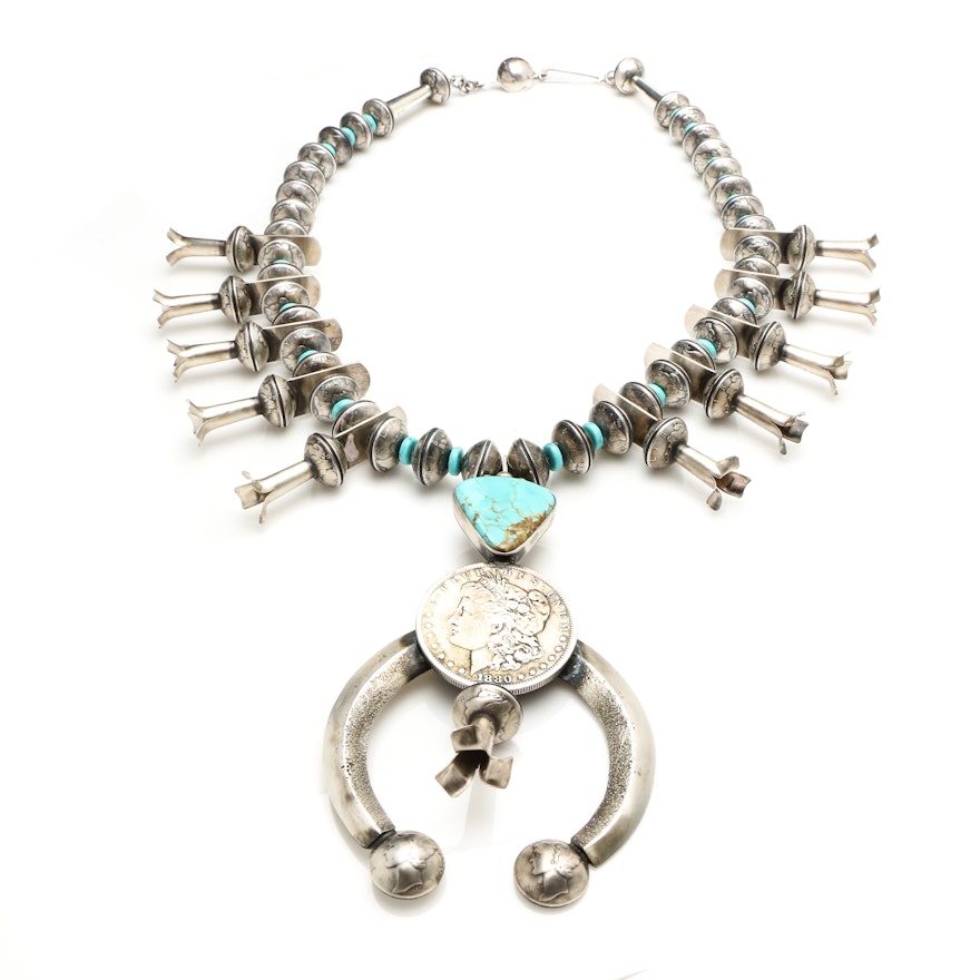 James McCabe Navajo Sterling & 900 Silver Turquoise Coin Squash Blossom Necklace