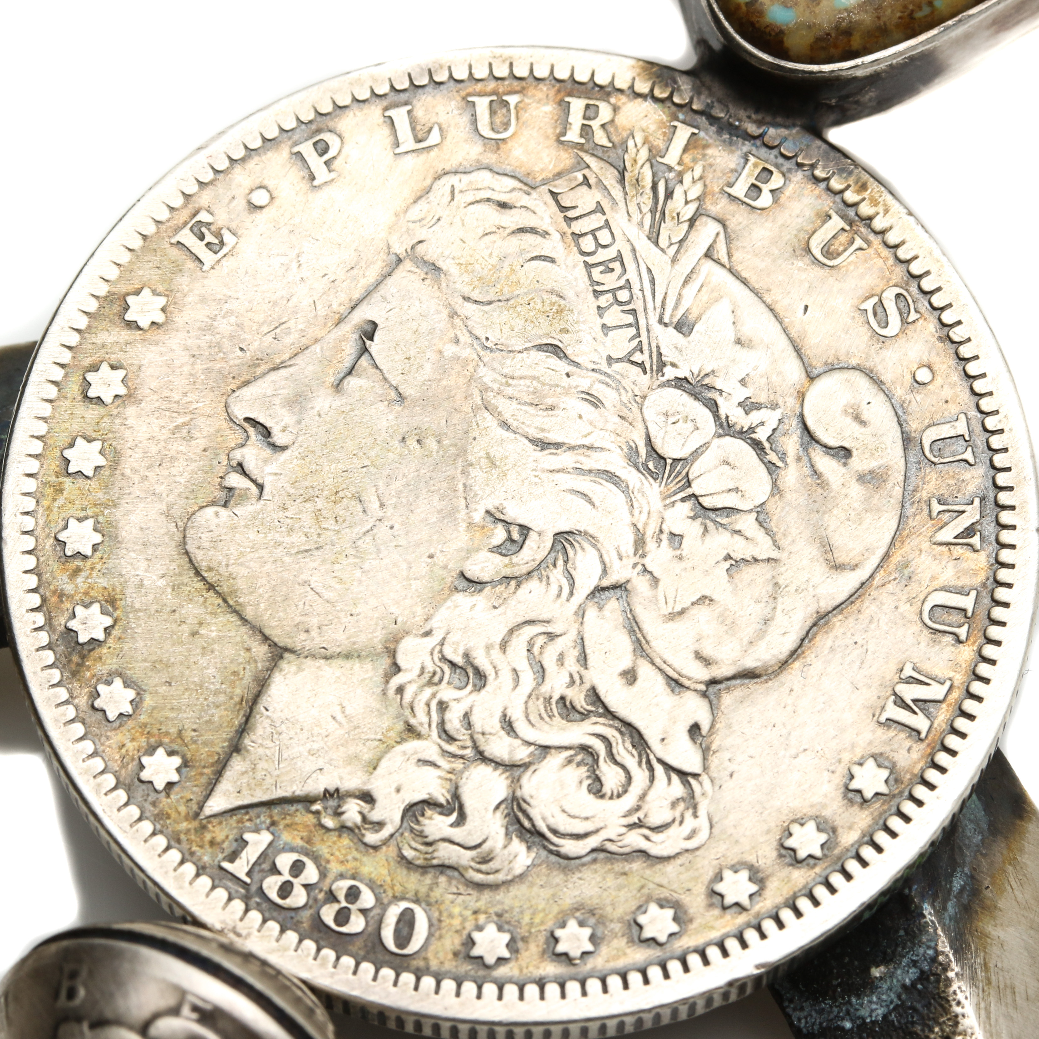 James McCabe Navajo Sterling & 900 Silver Turquoise Coin Squash Blossom Necklace