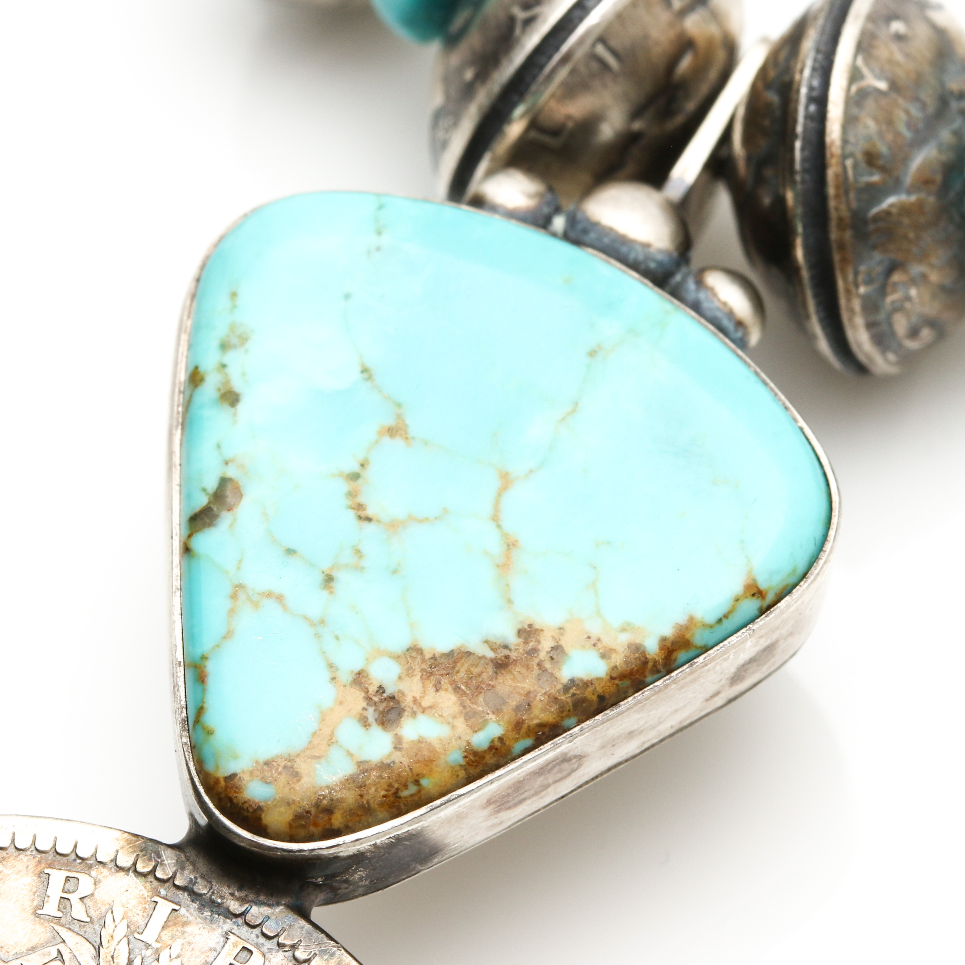 James McCabe Navajo Sterling & 900 Silver Turquoise Coin Squash Blossom Necklace