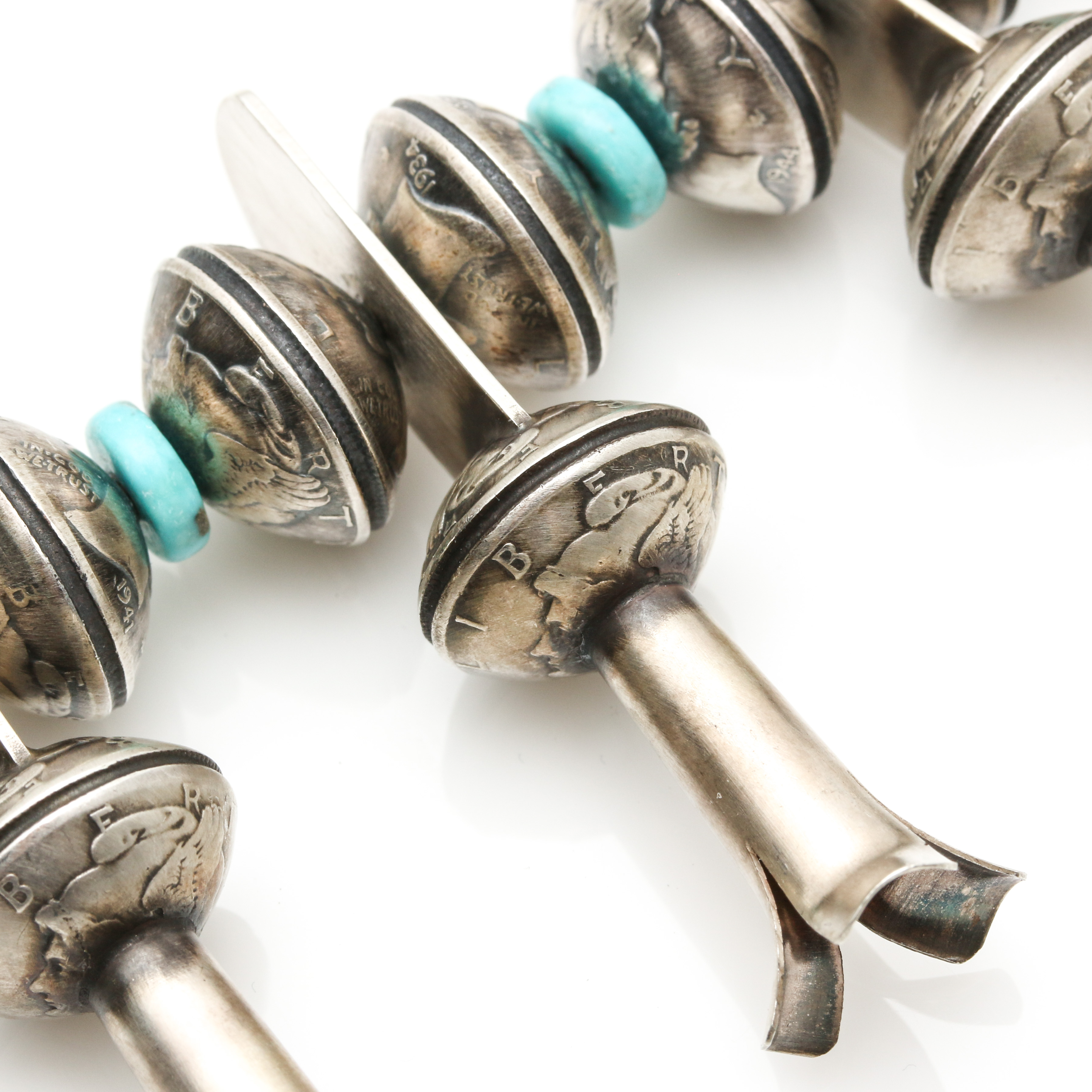 James McCabe Navajo Sterling & 900 Silver Turquoise Coin Squash Blossom Necklace