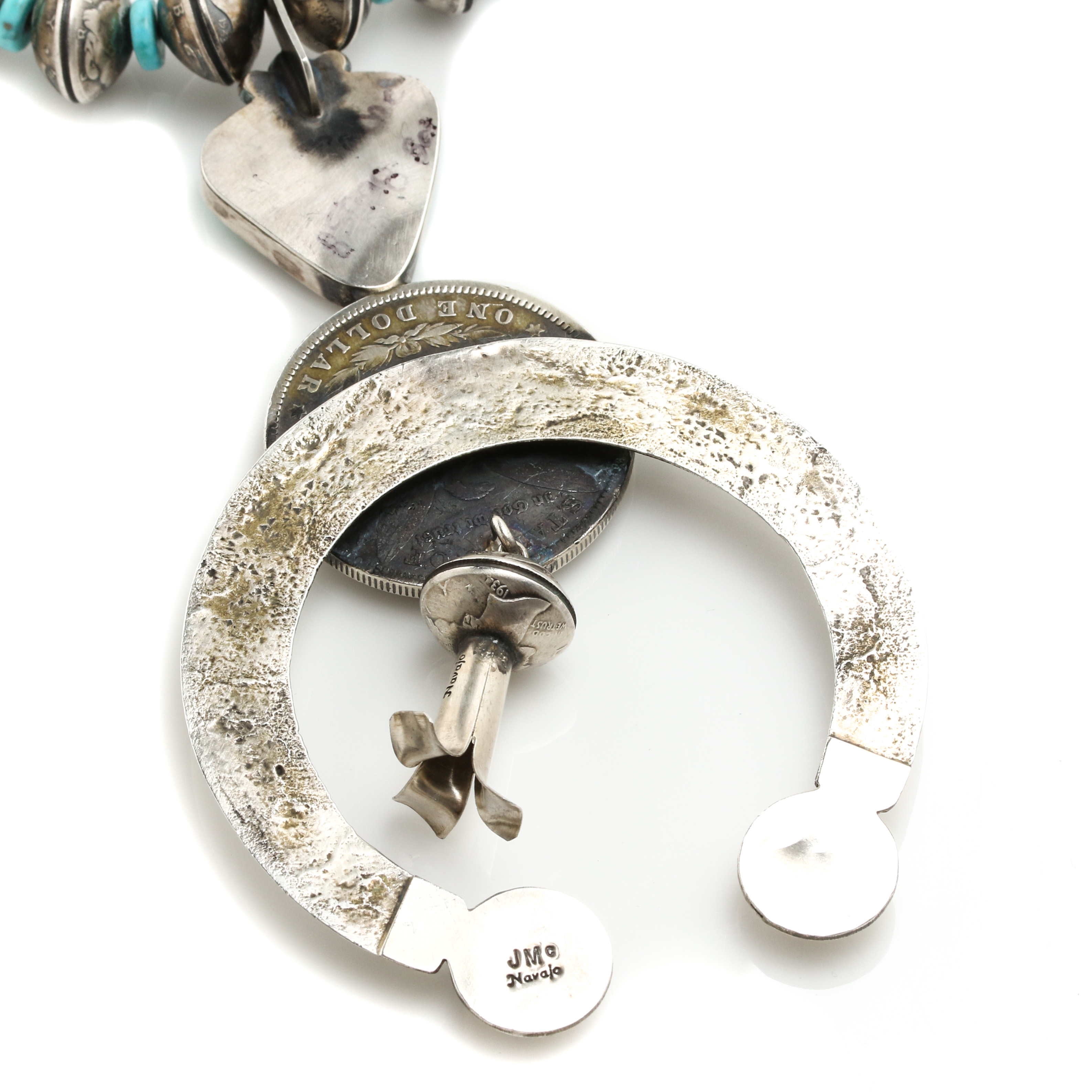 James McCabe Navajo Sterling & 900 Silver Turquoise Coin Squash Blossom Necklace