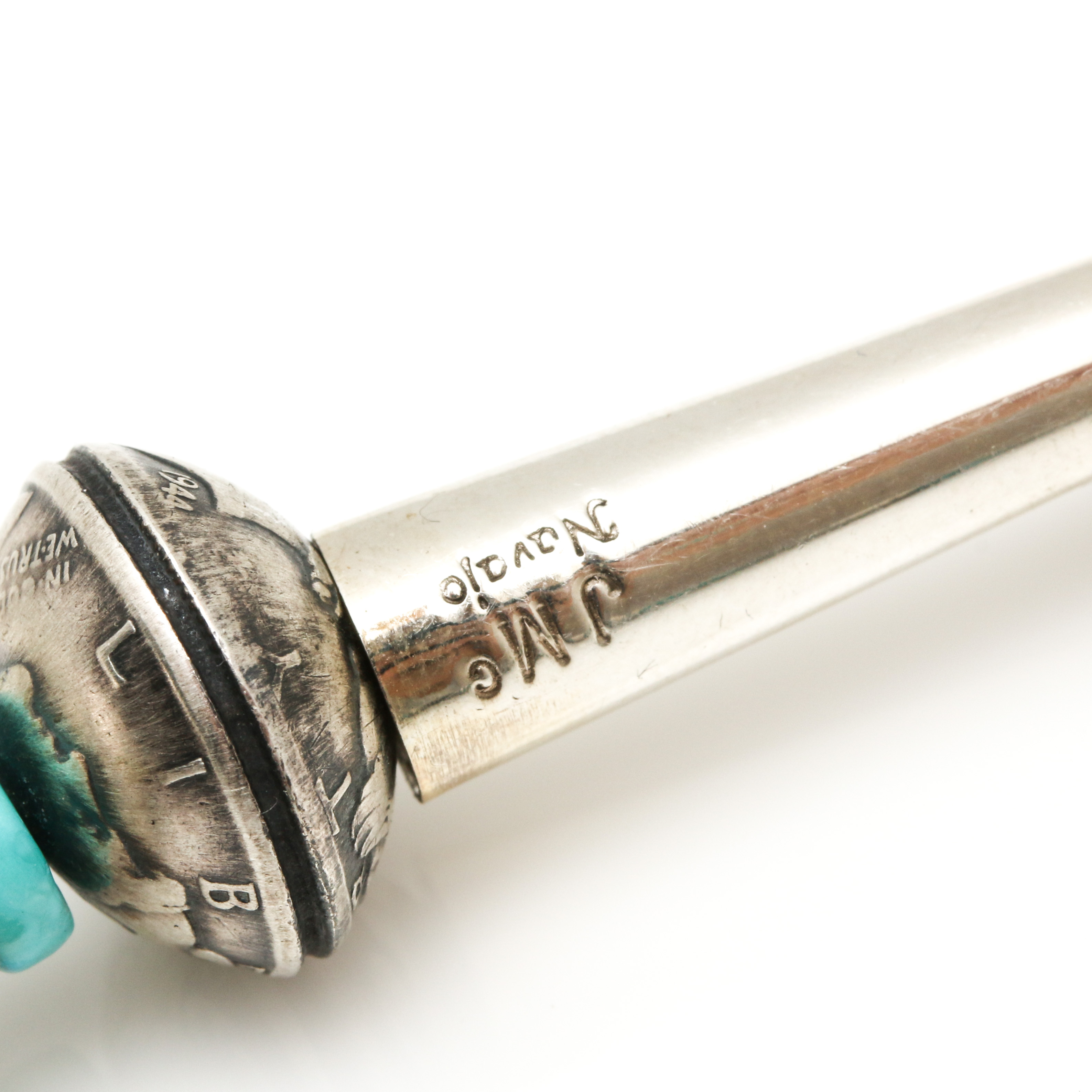 James McCabe Navajo Sterling & 900 Silver Turquoise Coin Squash Blossom Necklace