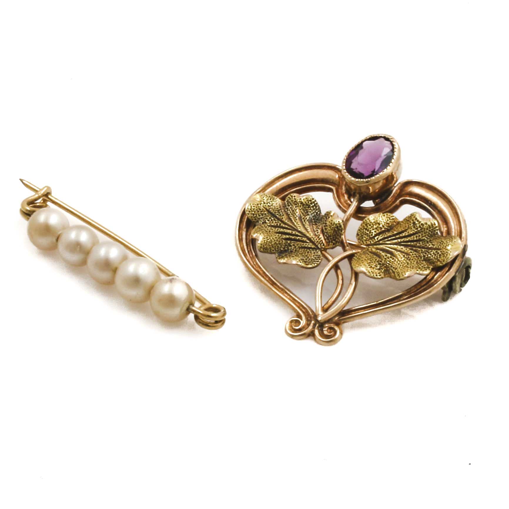 Selection of 10K Yellow Gold Pearl and Glass Brooches