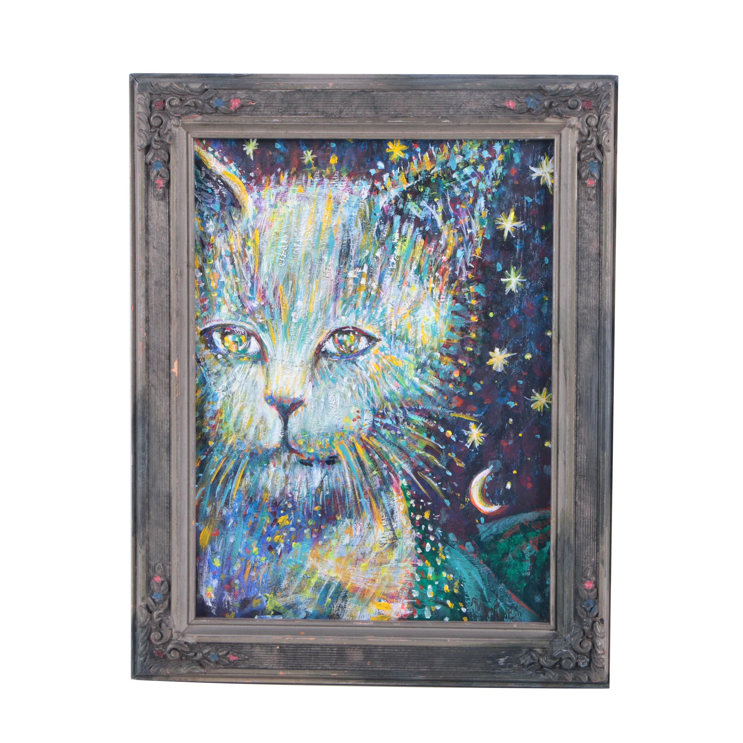 Oil Painting of A Cat in the Night Sky