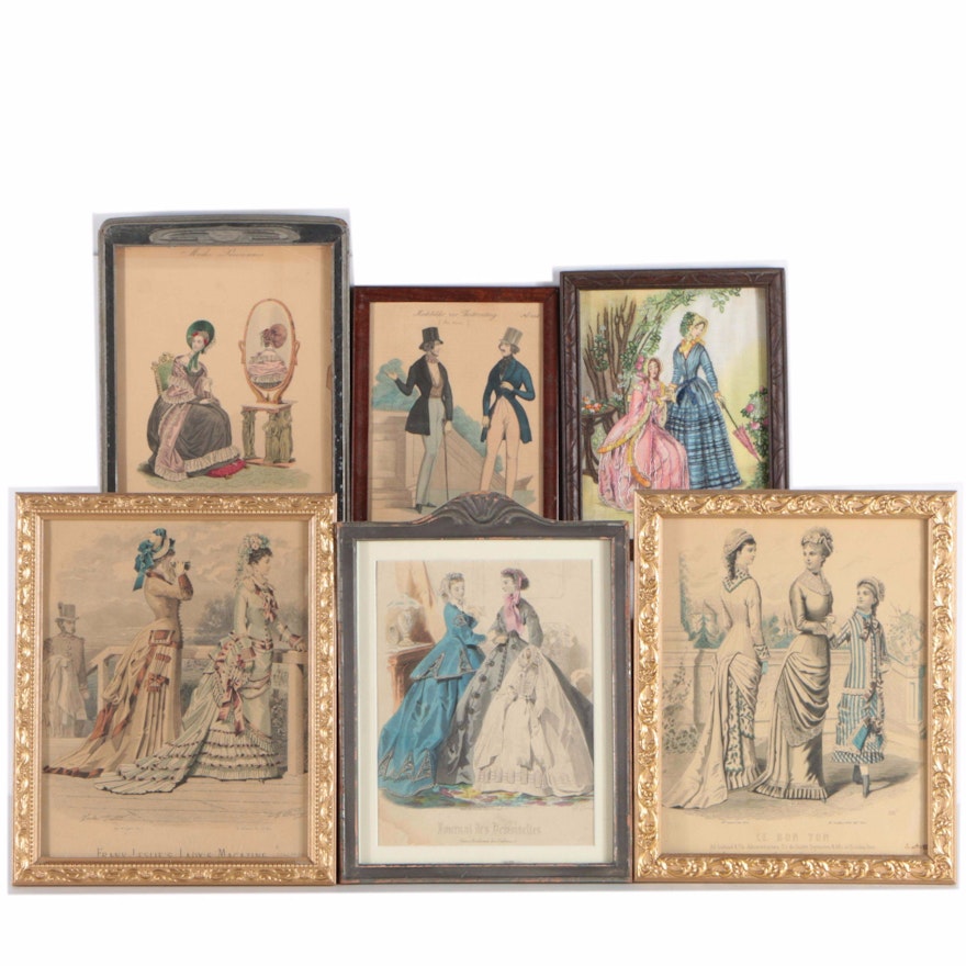 Hand Colored Engravings and Offset Lithograph Textile of Women's Fashion Plates