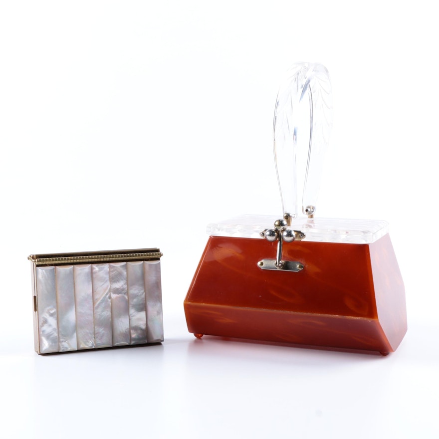 Women's Red Lucite Handbag with Mother of Pearl Cosmetic Case