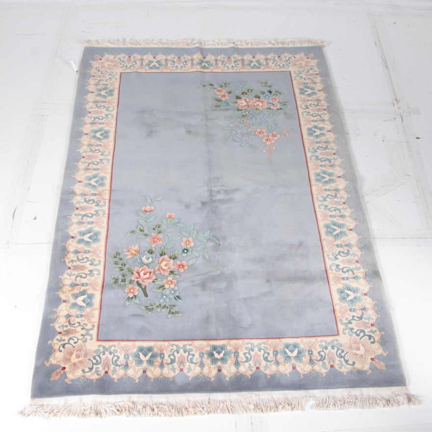 Hand-Knotted and Carved Chinese Floral Area  in Azure