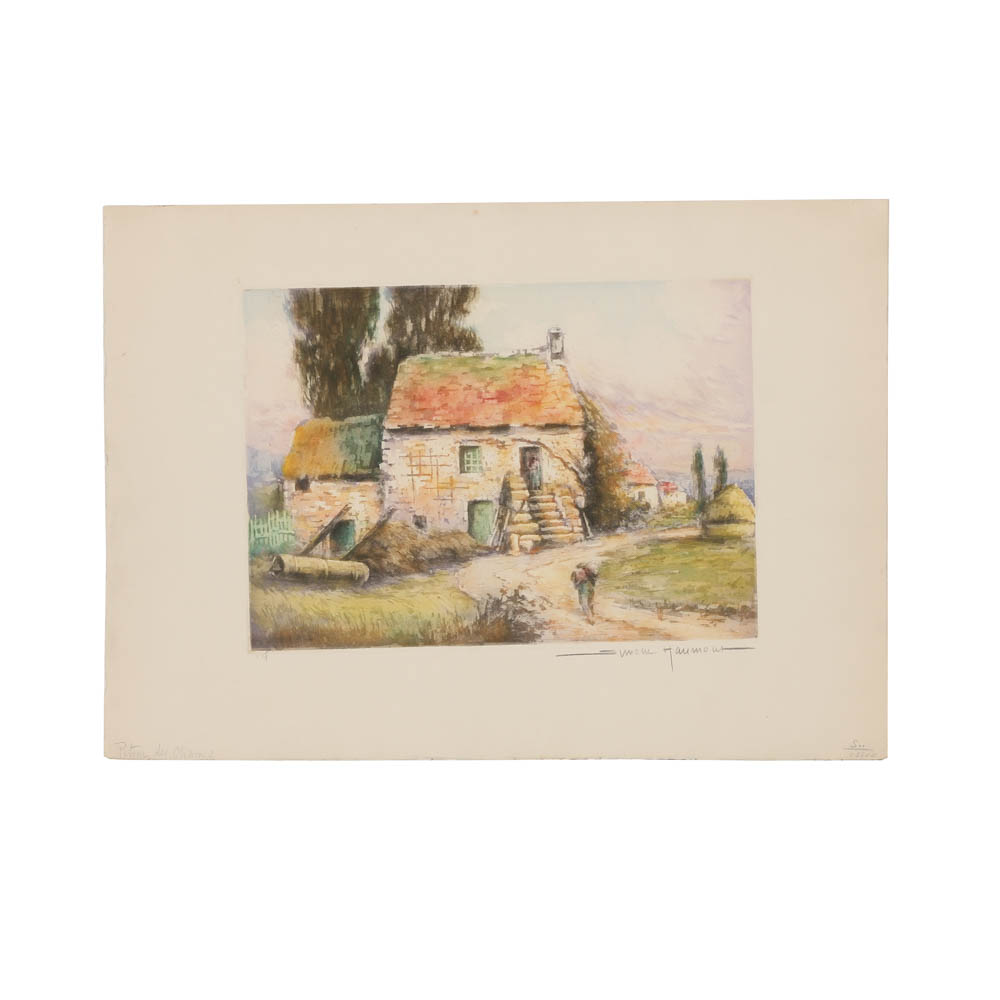Simone Haumont Aquatint on Paper of Rustic Farm
