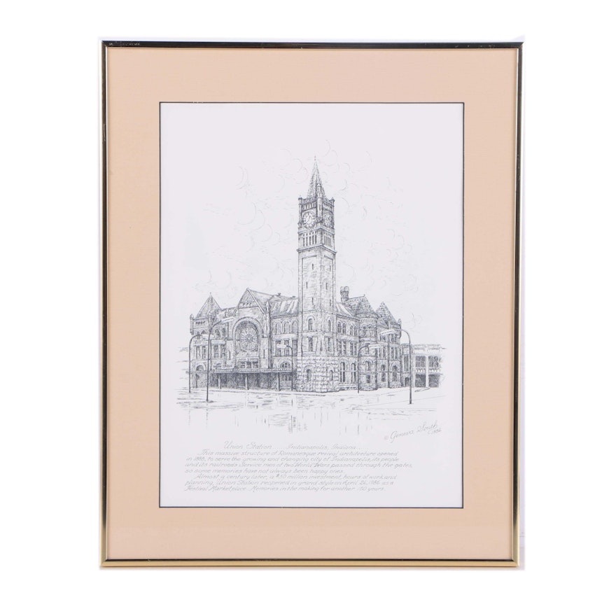 Intaglio Print After Geneva South Etching of Union Station Indianapolis