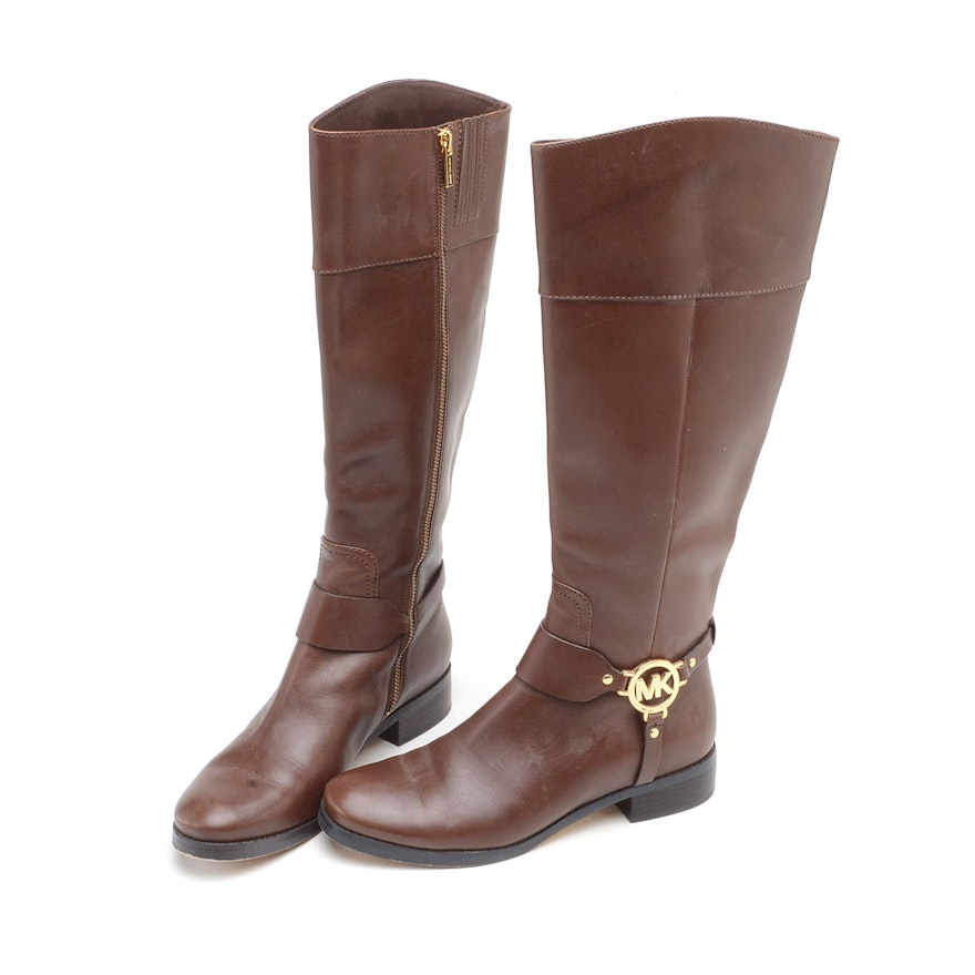 Pair of Michael Kors Brown Leather Fulton Harness Riding Boots