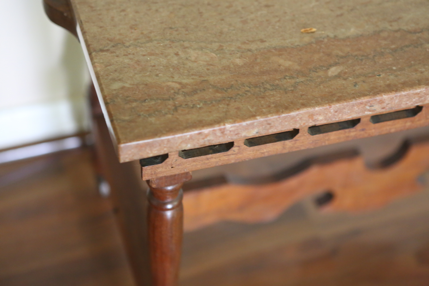 Vintage Stone Topped Wooden Table on Casters