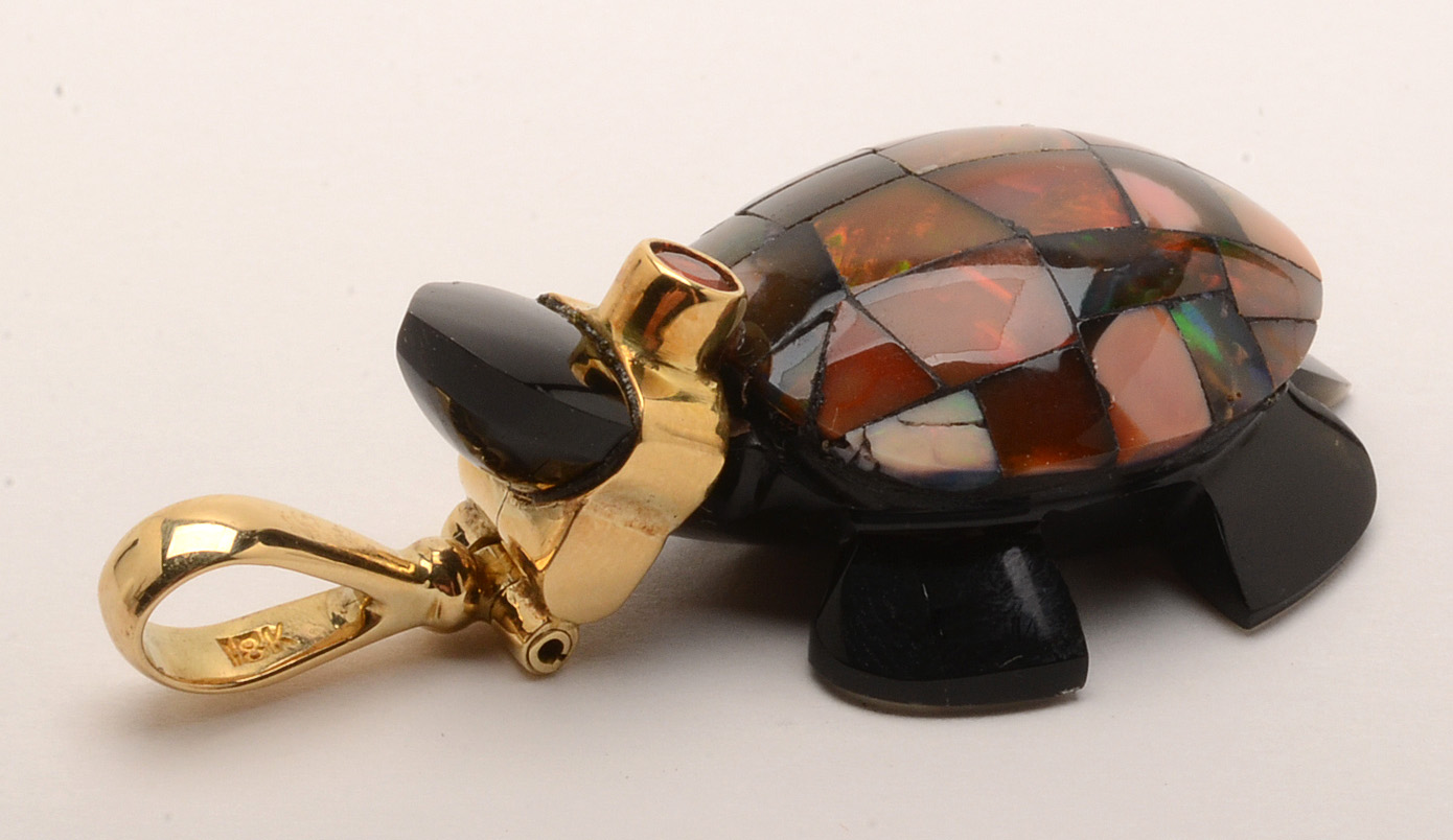 Sajen 18K Gold Fire Opal and Carved Obsidian Turtle Pendant