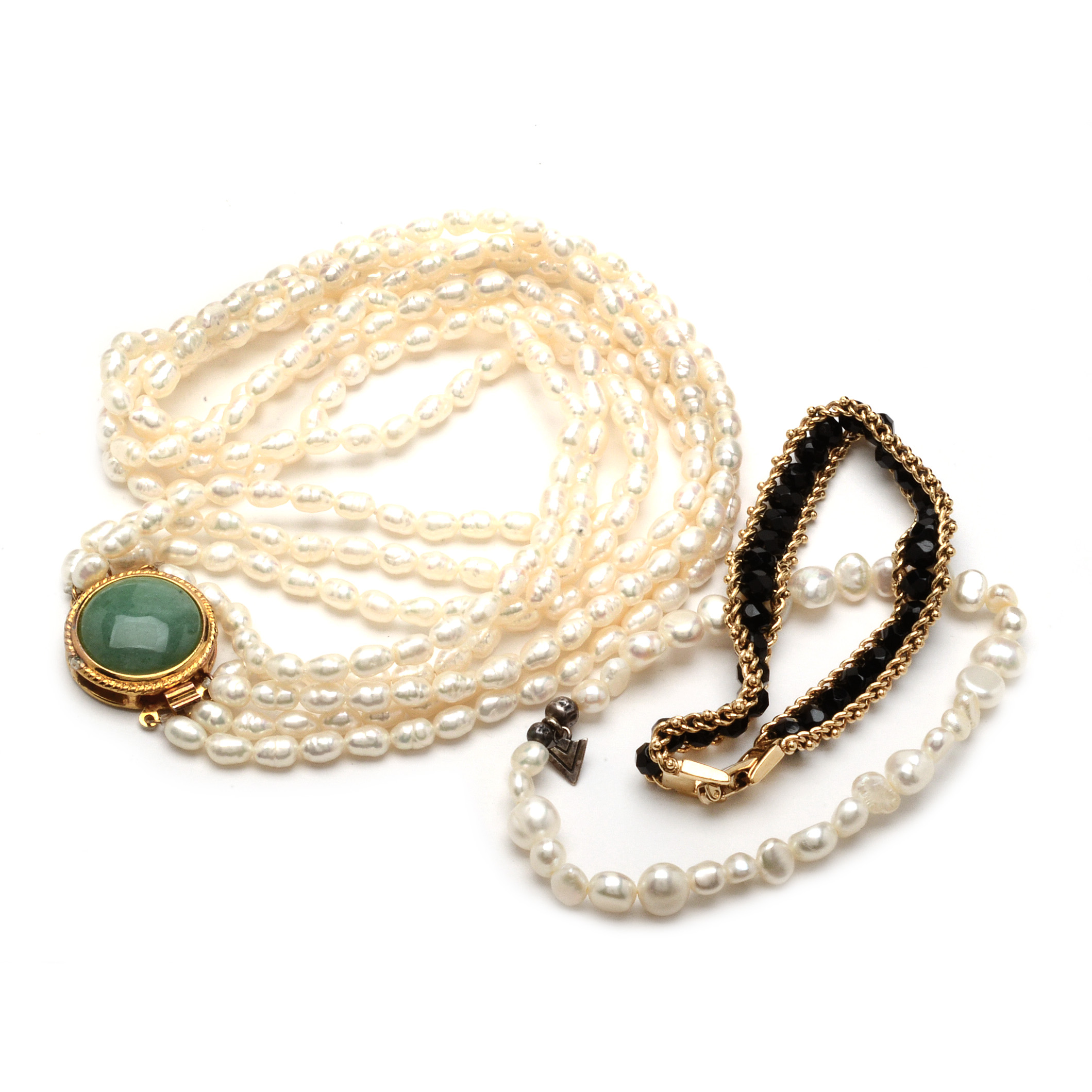 Freahwater Pearl Necklace and Bracelet Plus Bracelet With Faceted Black Glass