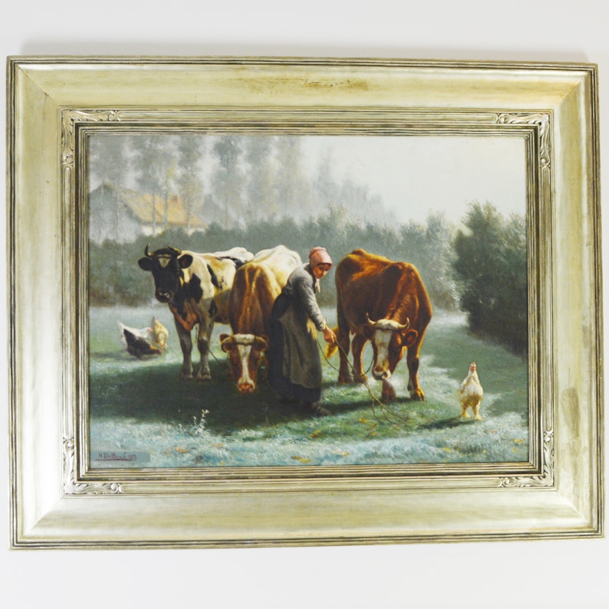 Henri De Beul Original Oil Painting of Pastoral Cow Scene