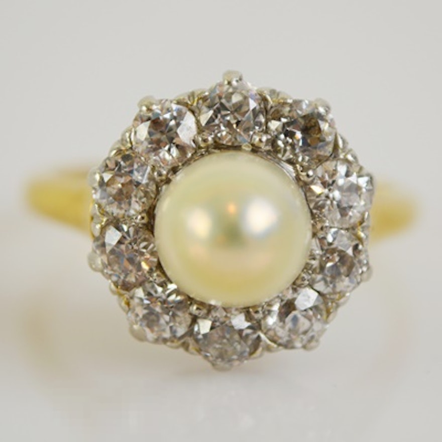 14K Yellow Gold and Platinum Cultured Pearl and Diamond Ring