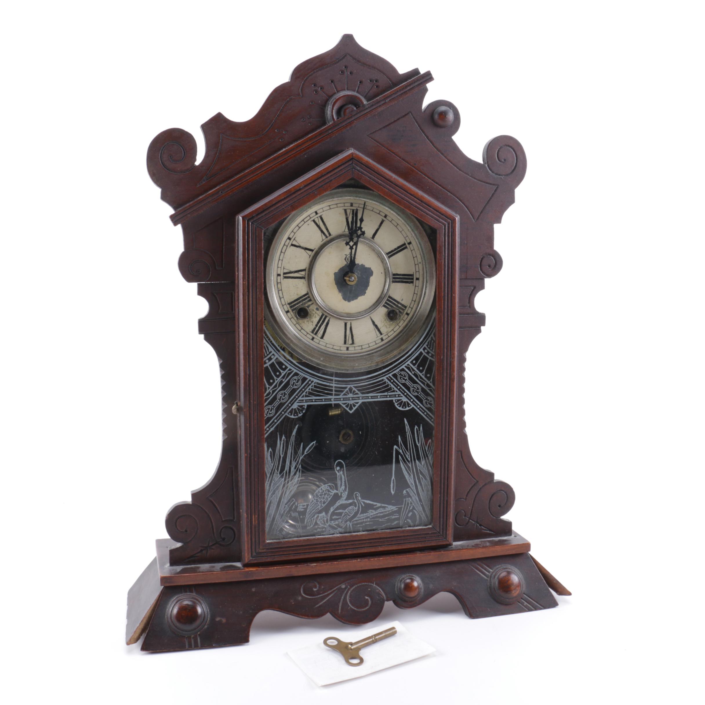 Antique Eastlake Waterbury Clock Co. Wooden Mantel Clock