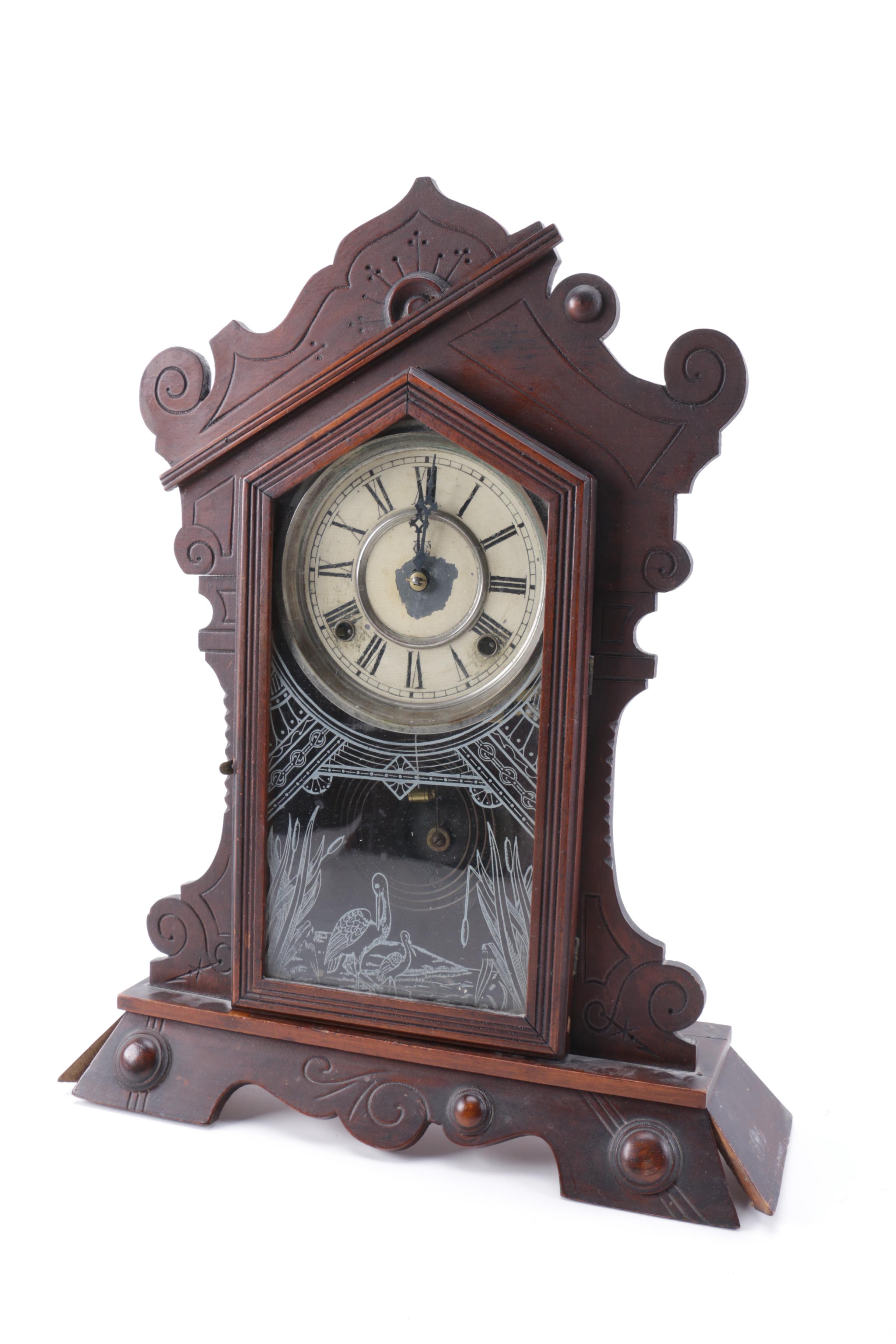 Antique Eastlake Waterbury Clock Co. Wooden Mantel Clock