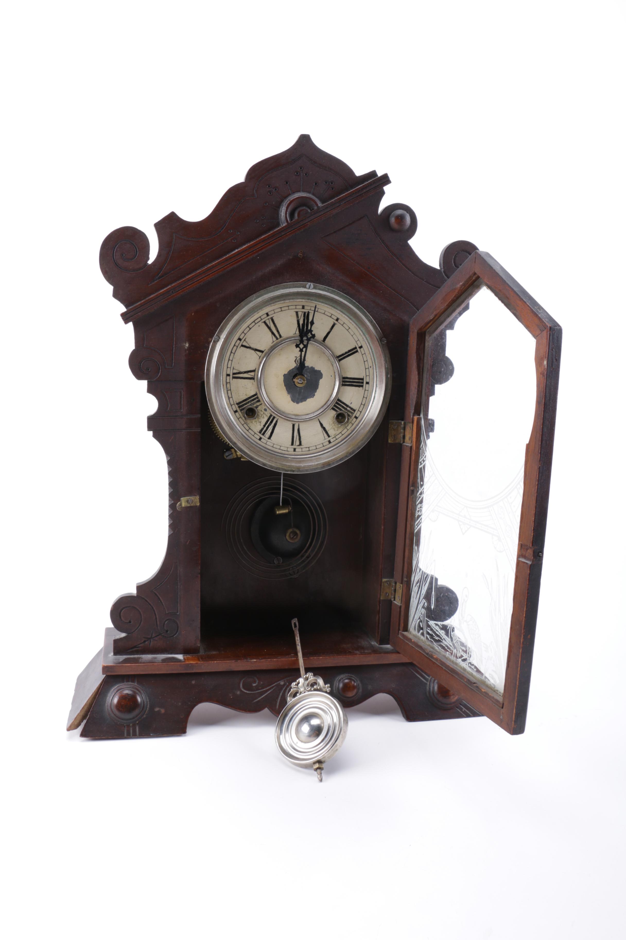 Antique Eastlake Waterbury Clock Co. Wooden Mantel Clock