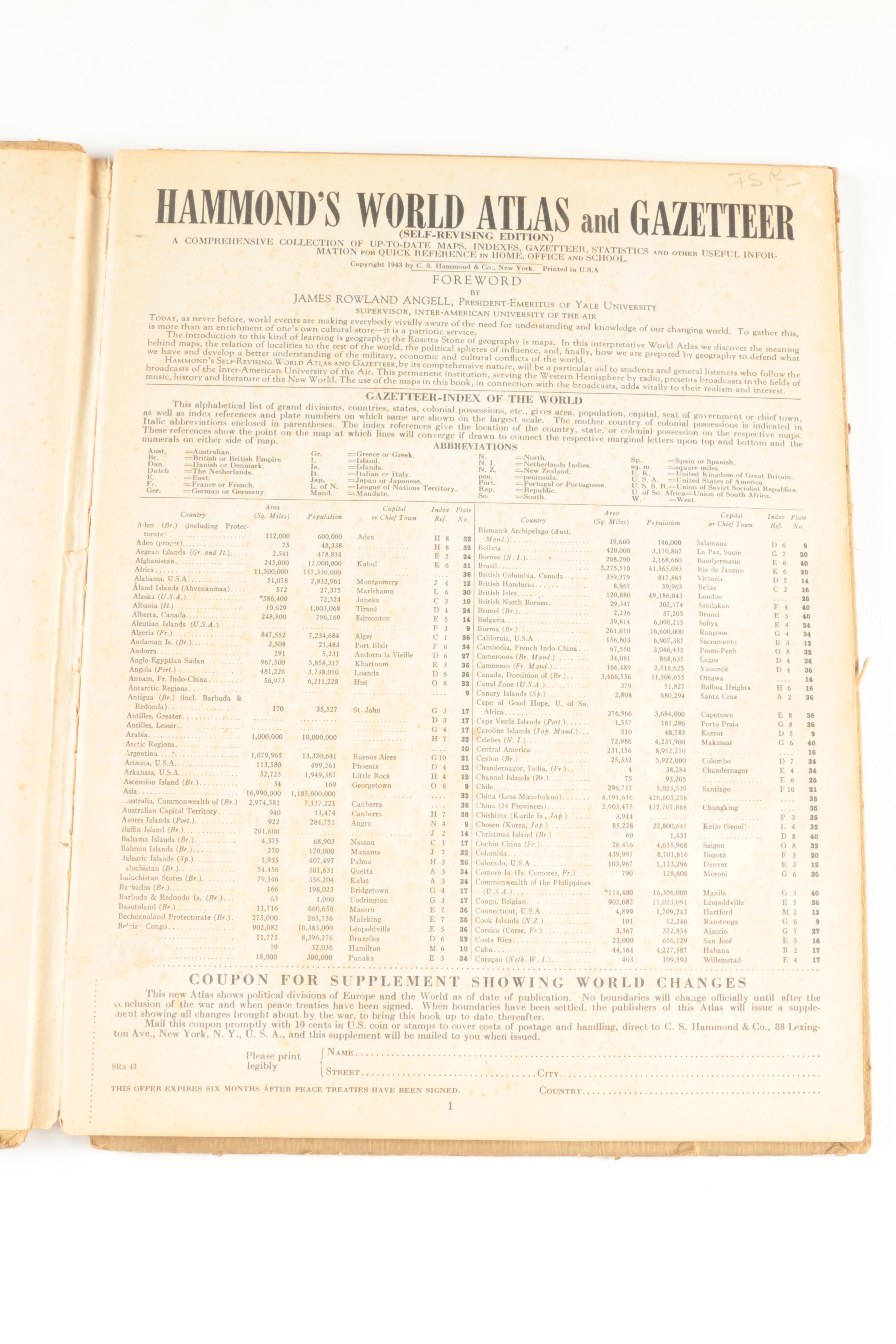 1943 "Hammond's World Atlas and Gazetteer"