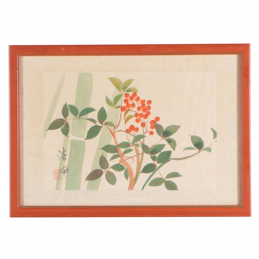 East Asian Gouache Painting on Silk of Bamboo and Nandina Berries