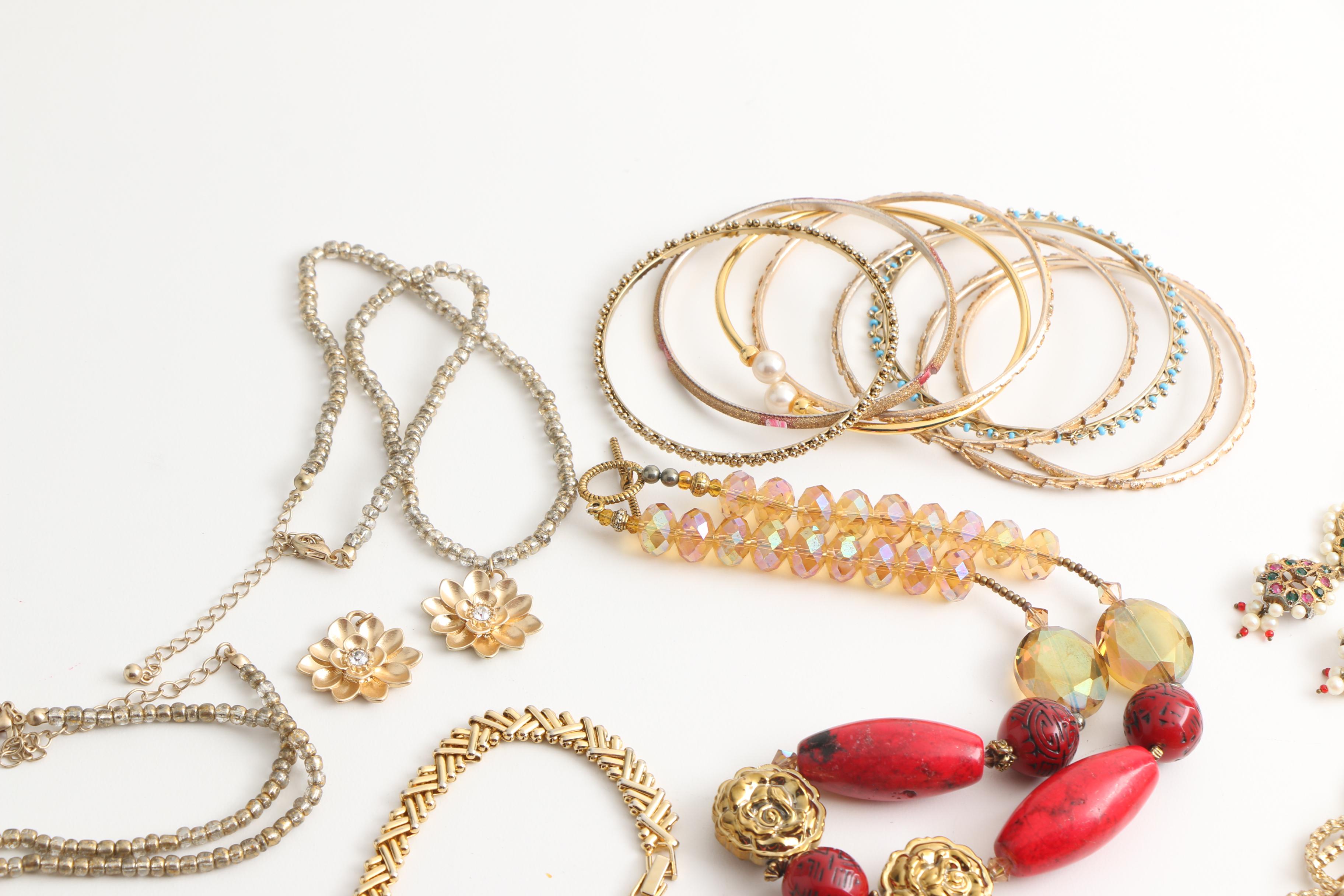 Gold Tone Jewelry Including Rhinestone Spider Brooch