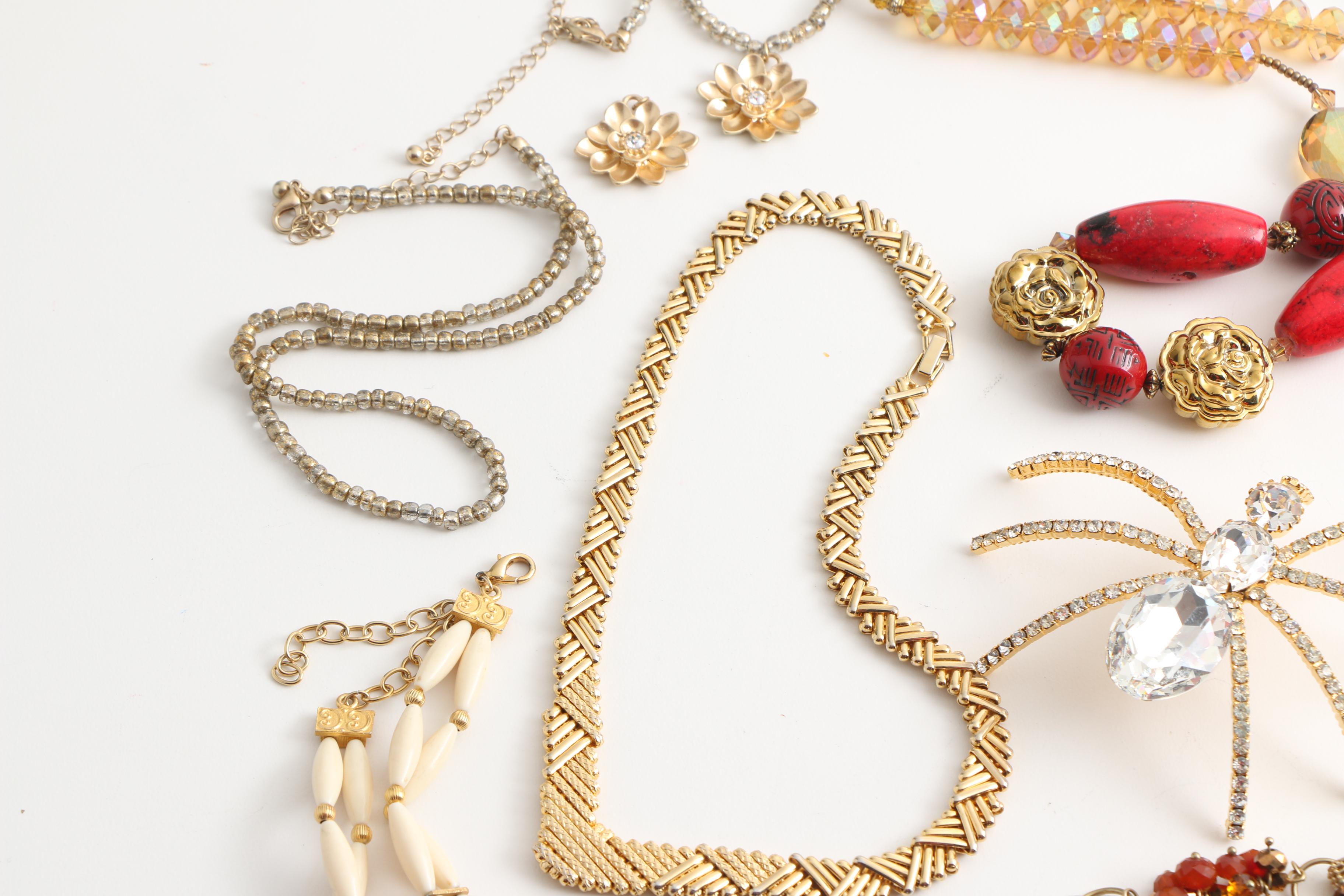 Gold Tone Jewelry Including Rhinestone Spider Brooch