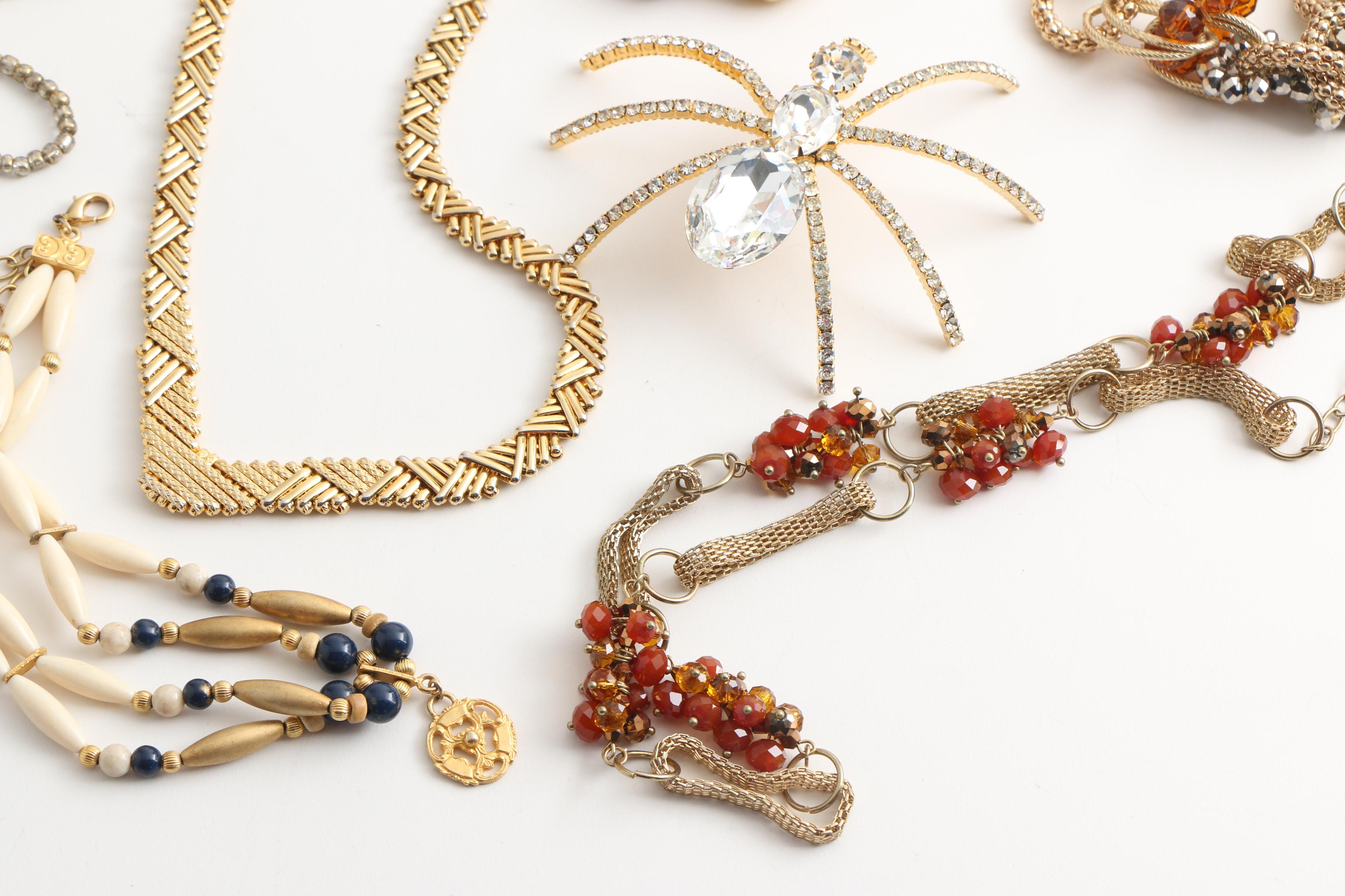 Gold Tone Jewelry Including Rhinestone Spider Brooch