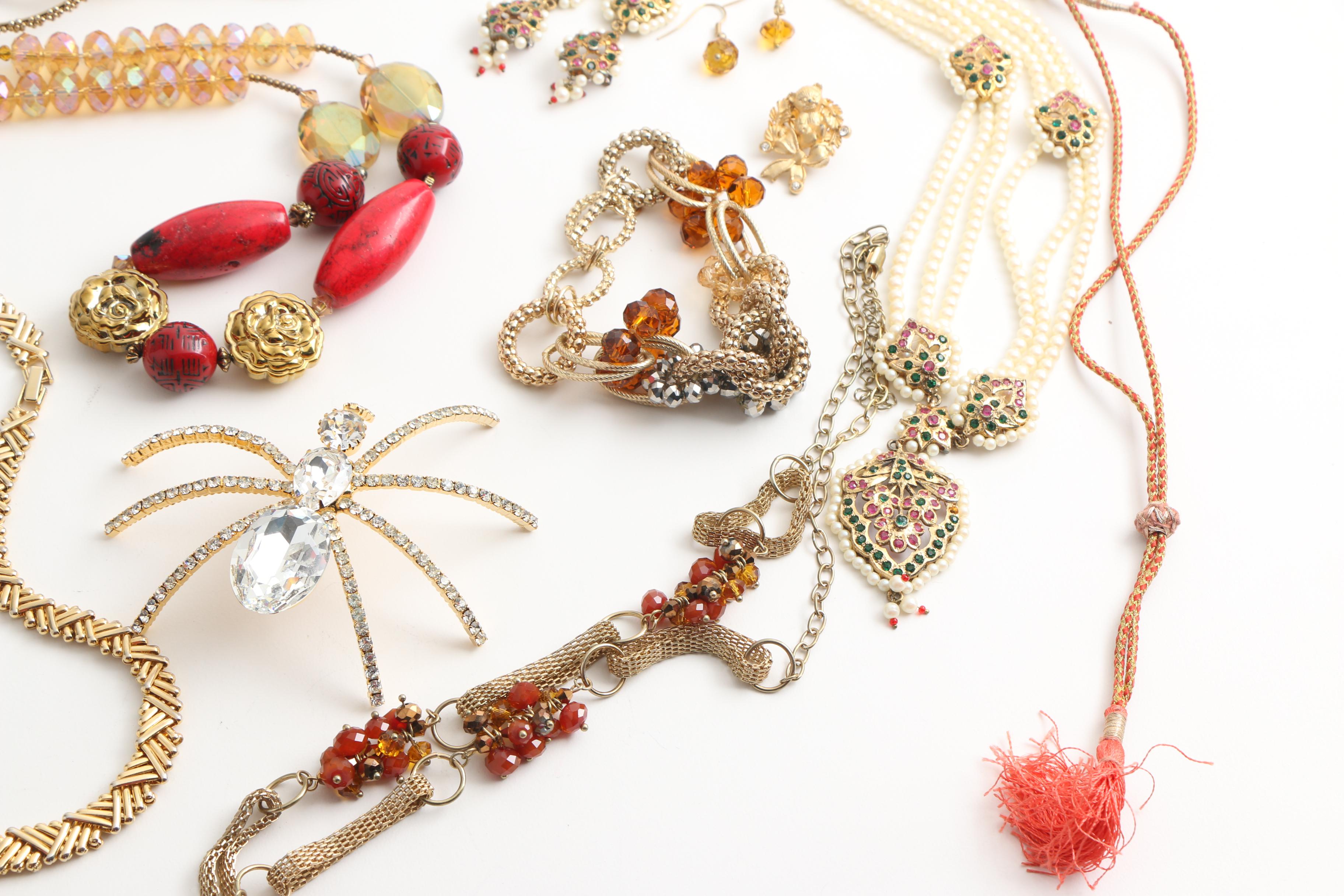 Gold Tone Jewelry Including Rhinestone Spider Brooch