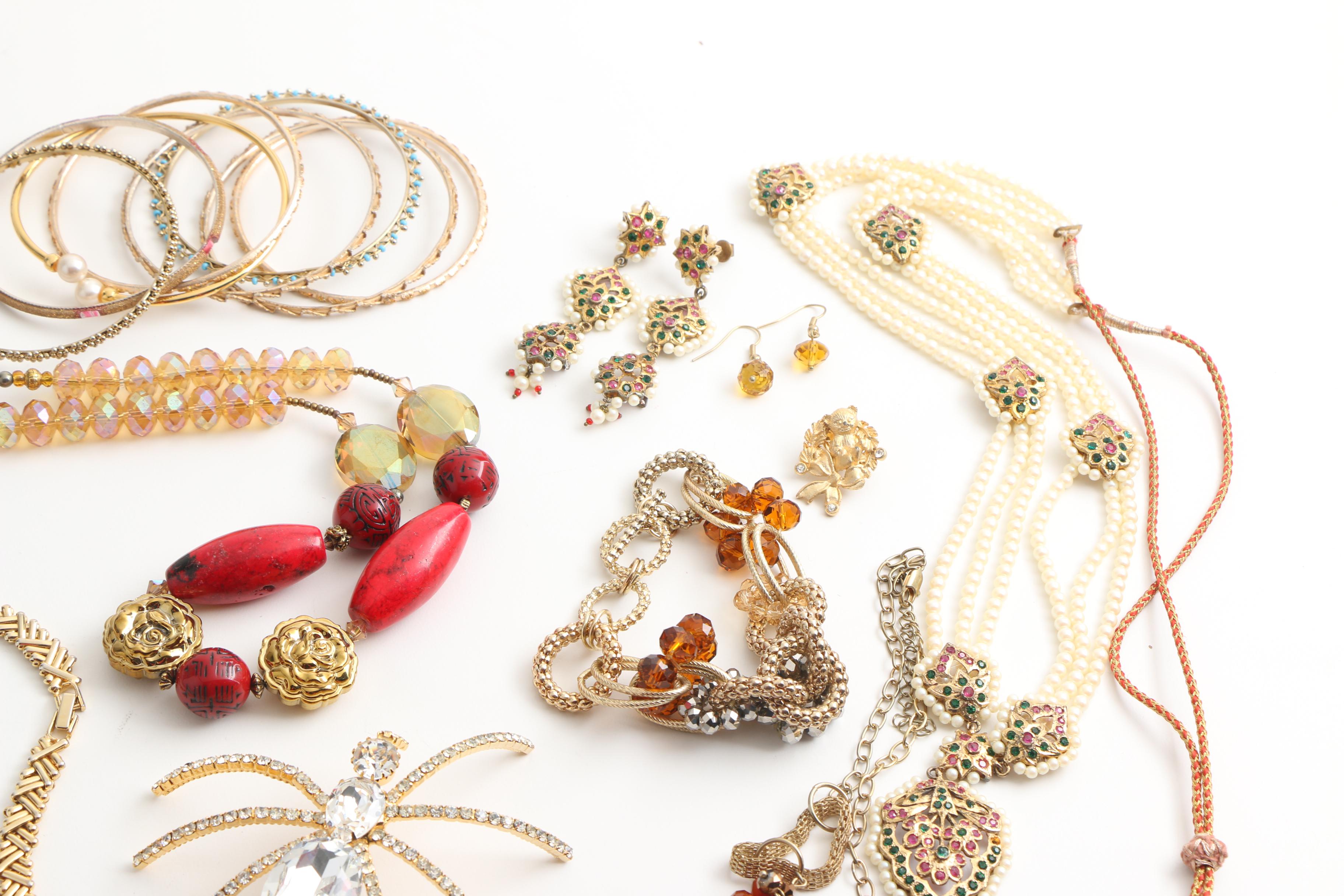 Gold Tone Jewelry Including Rhinestone Spider Brooch