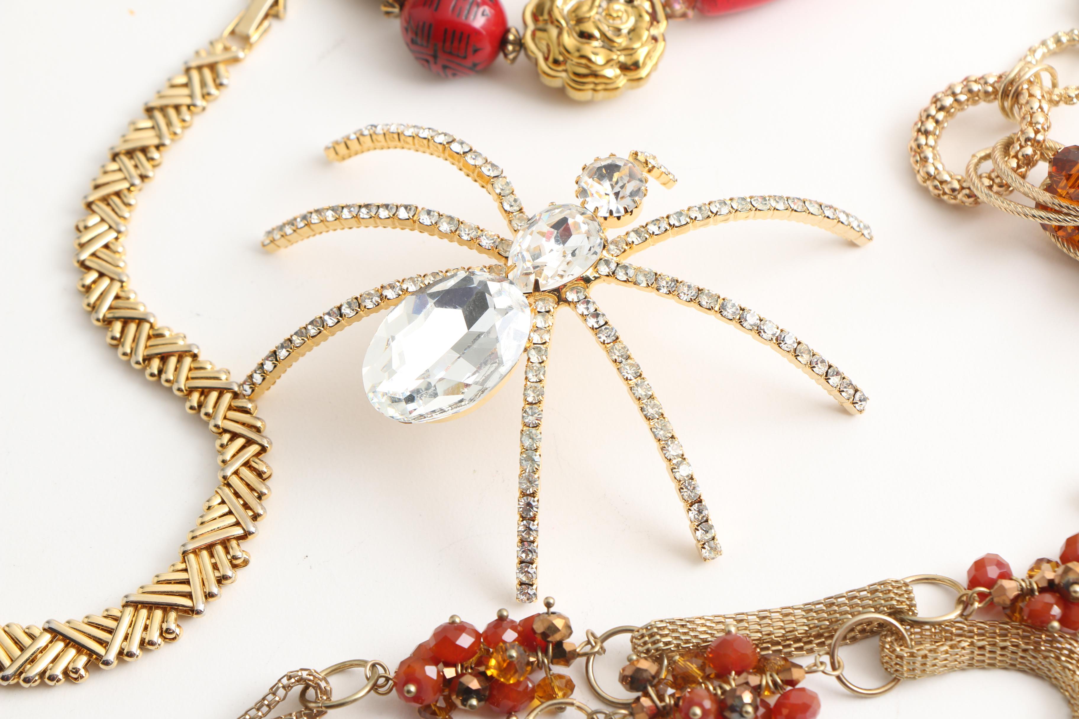 Gold Tone Jewelry Including Rhinestone Spider Brooch