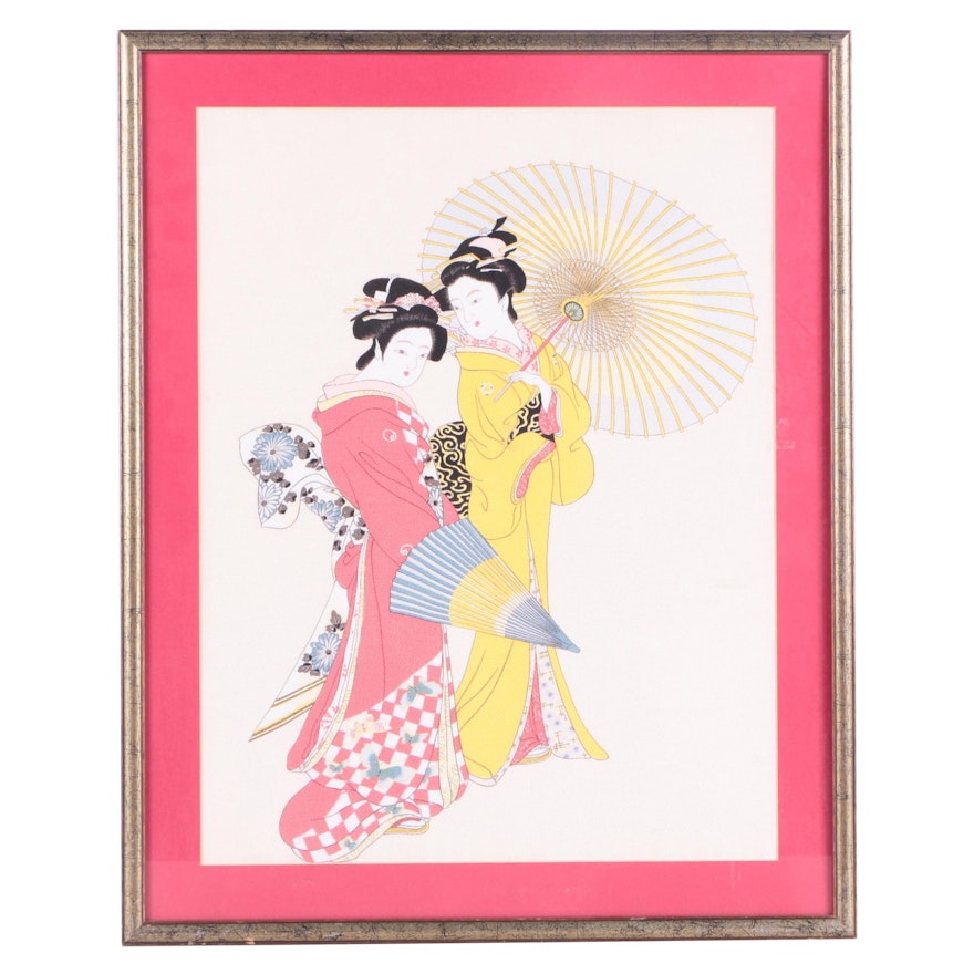 Japanese Watercolor Painting on Silk of Two Robed Female Figures