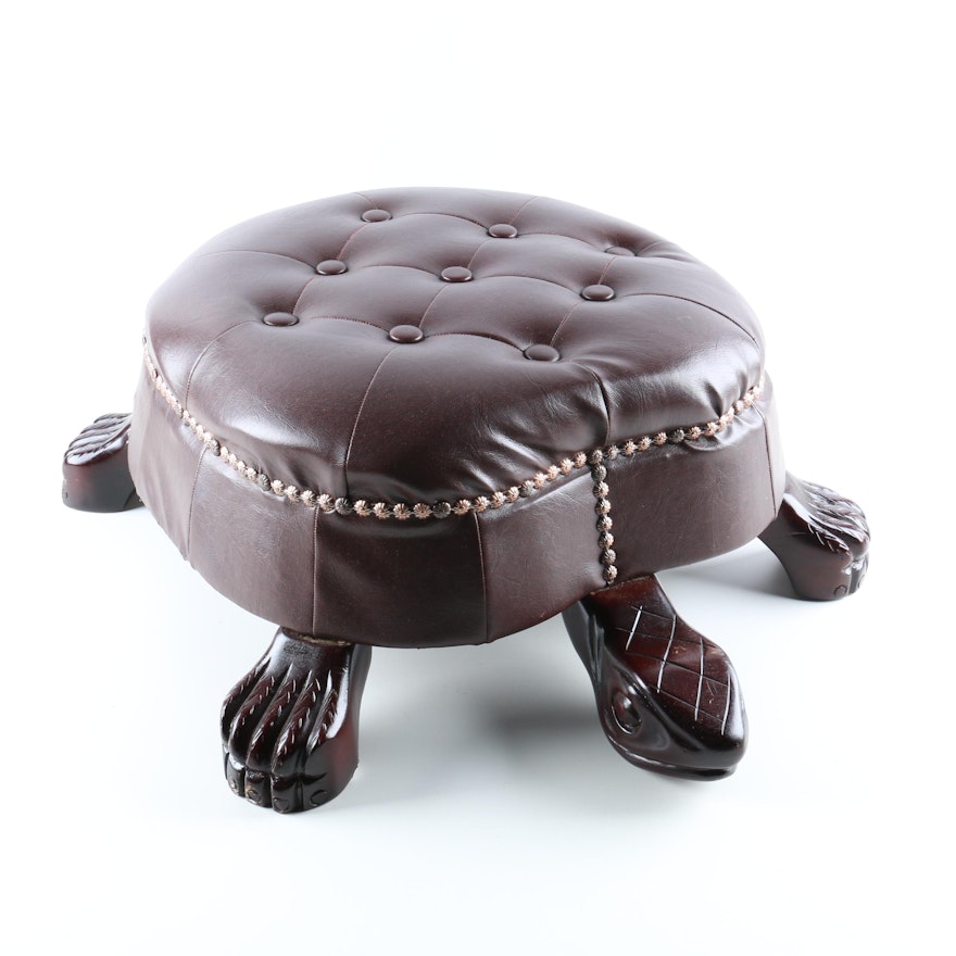 Carved Wood and Faux Leather Tortoise Ottoman