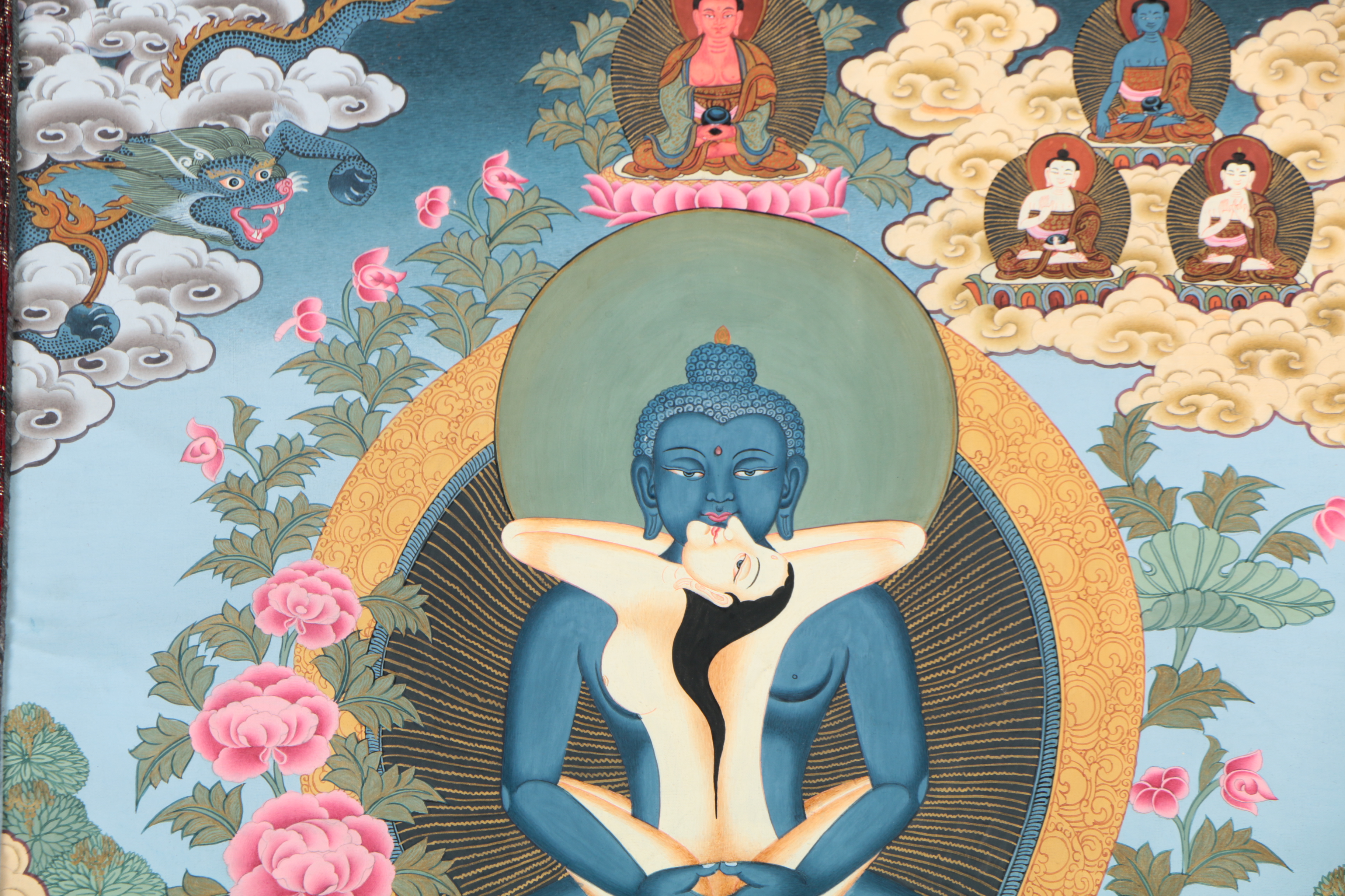 20th-Century Nepali Thangka Gouache Painting on Paper of Yab-Yum Scene