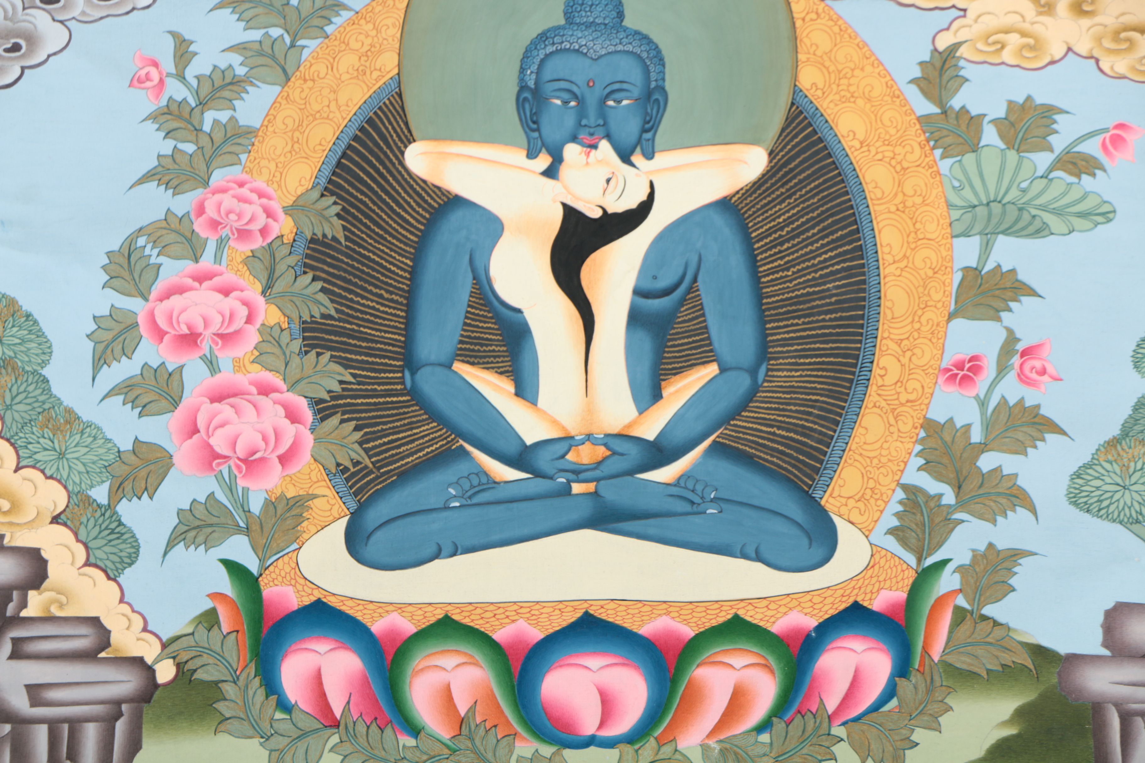 20th-Century Nepali Thangka Gouache Painting on Paper of Yab-Yum Scene