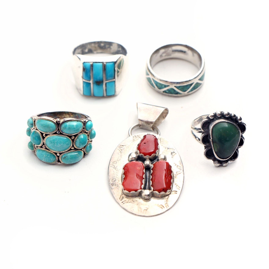 Navajo, Zuni, and Southwestern Style Sterling Silver Turquoise and Coral Jewelry