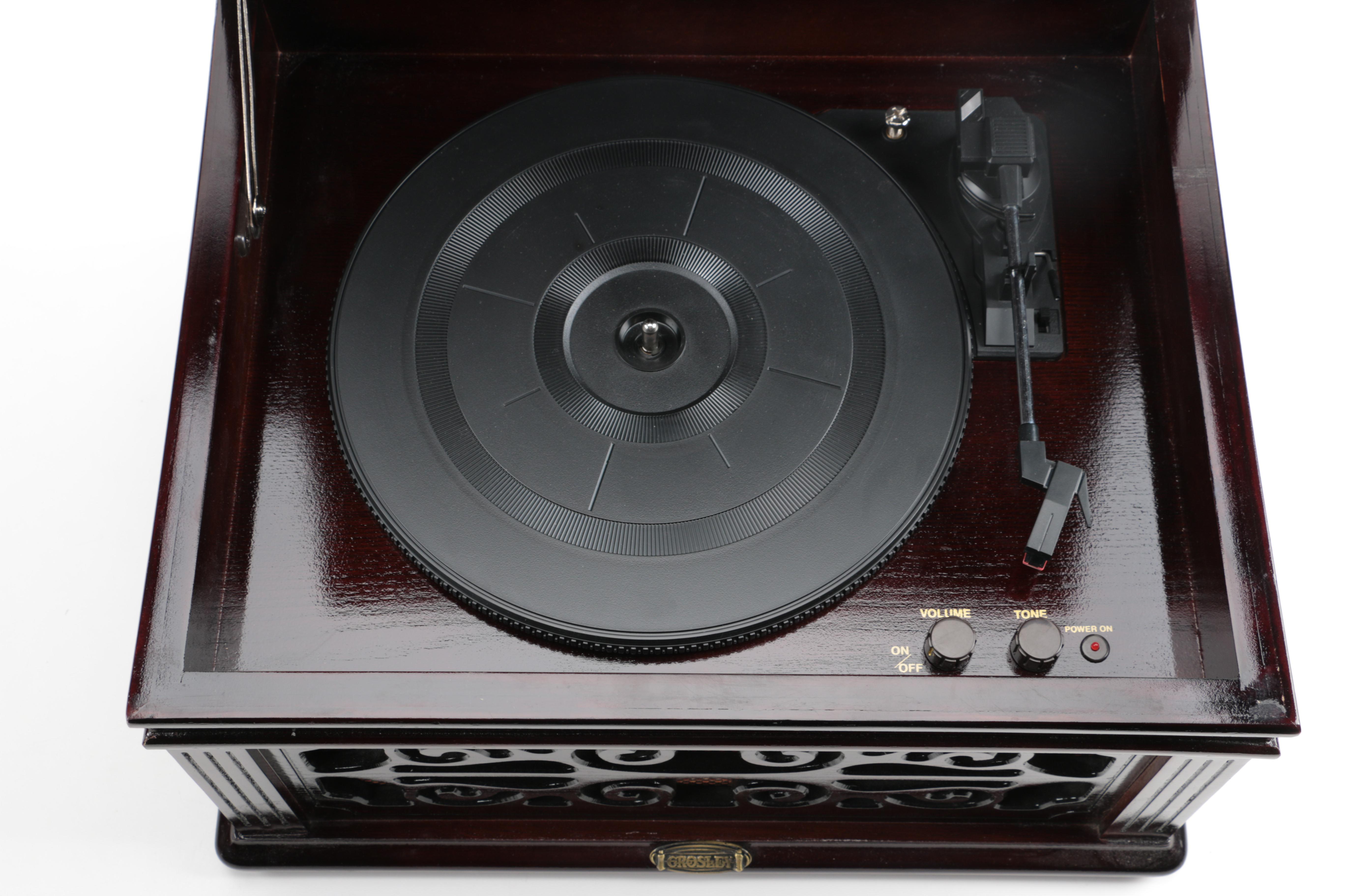 Crosley Record Player and Vintage Folk, Pop, and Soundtrack LPs