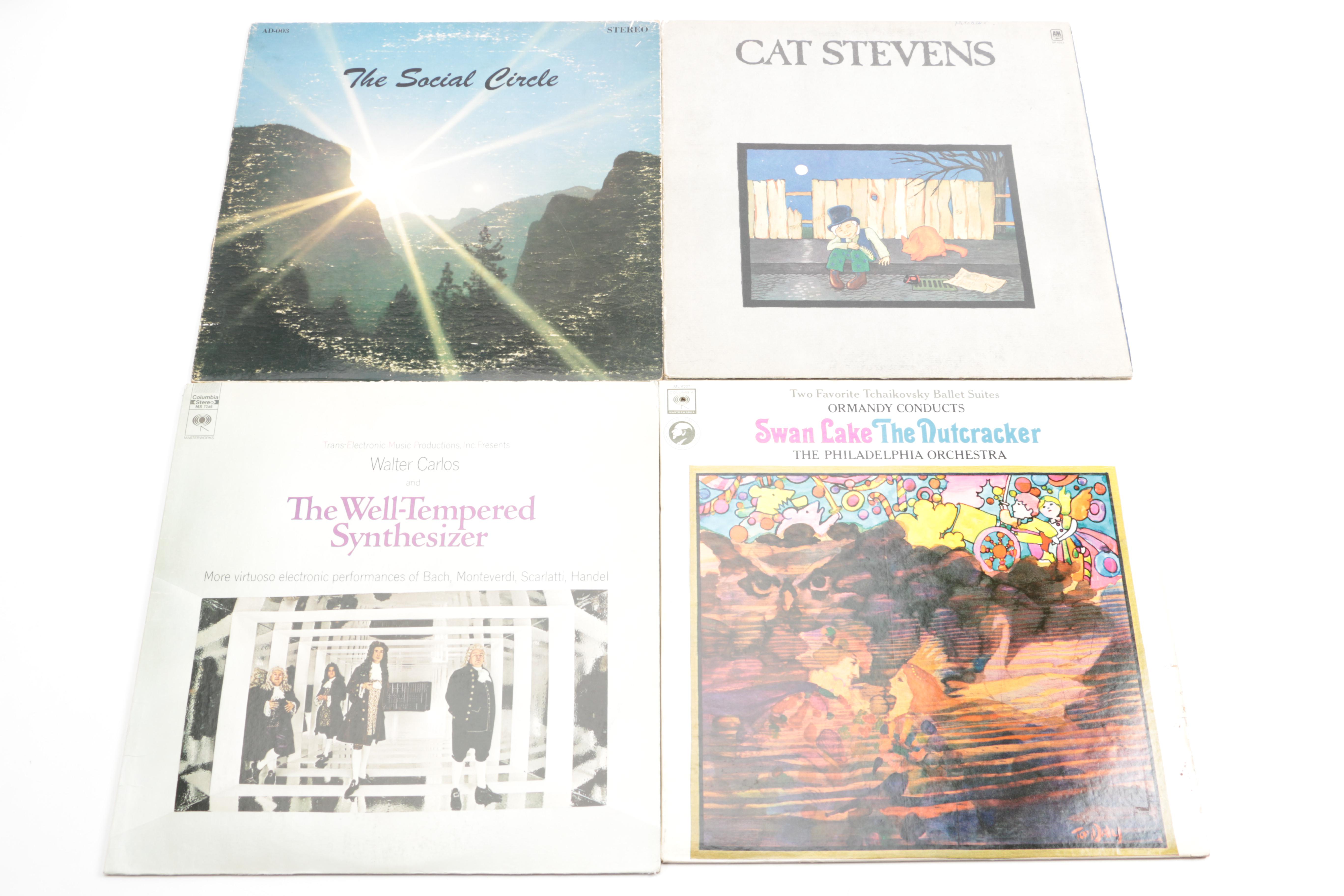 Crosley Record Player and Vintage Folk, Pop, and Soundtrack LPs