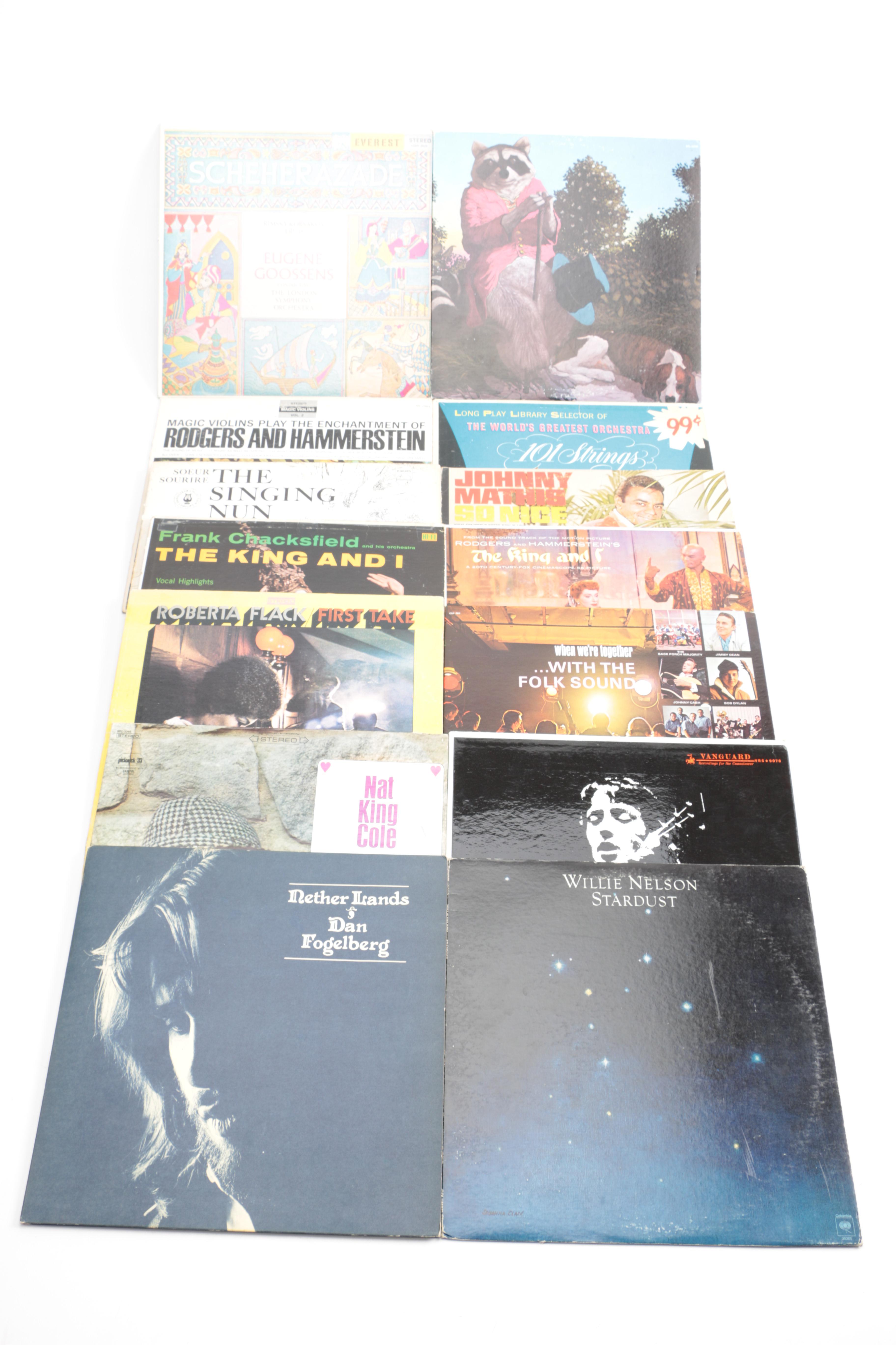 Crosley Record Player and Vintage Folk, Pop, and Soundtrack LPs