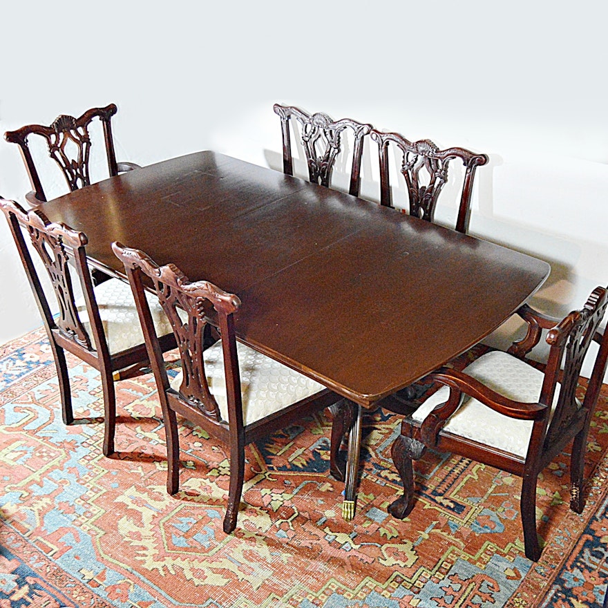 Duncan Phyfe Mahogany Dining Table and Six Chippendale Style Mahogany Chairs