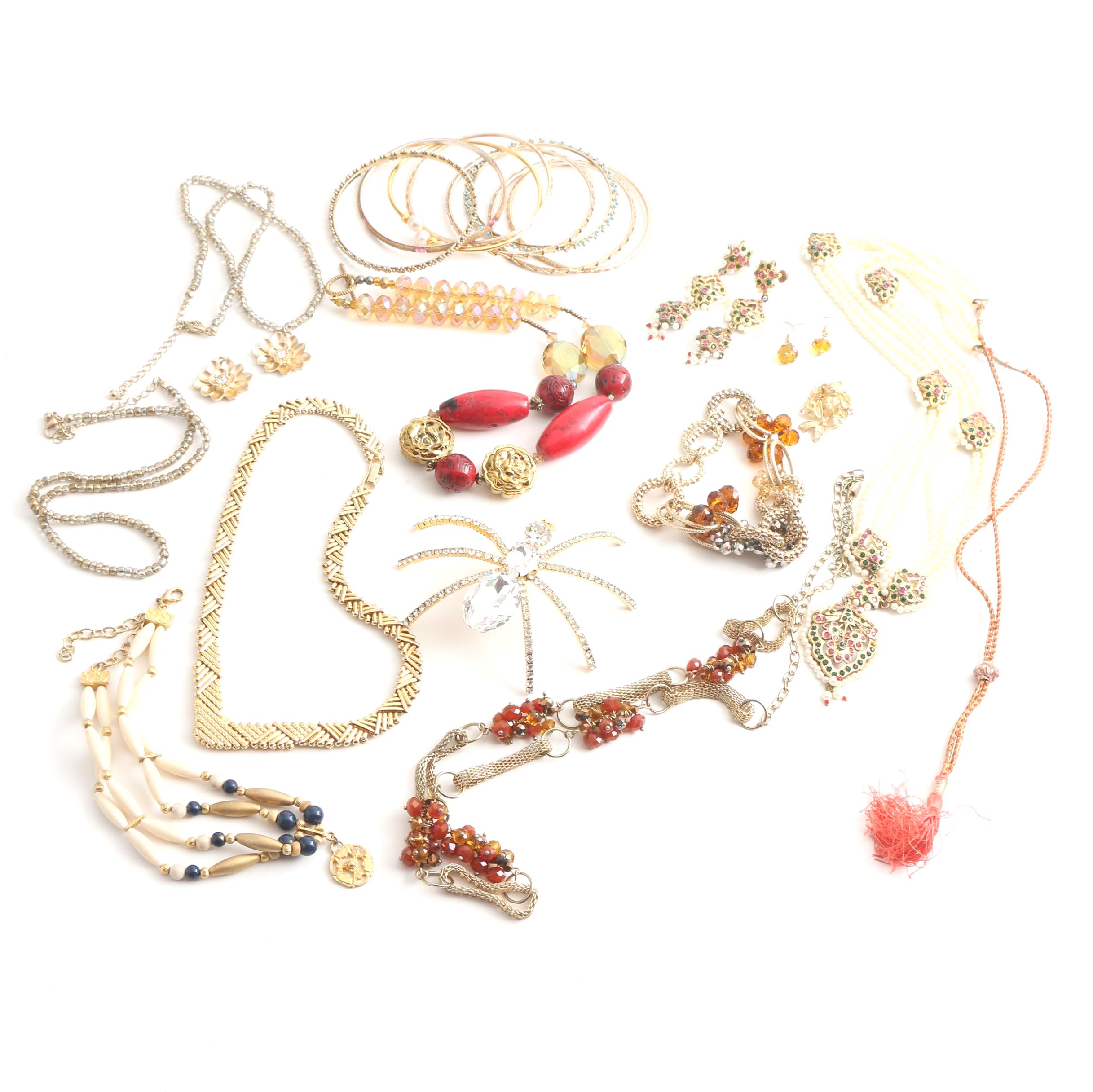 Gold Tone Jewelry Including Rhinestone Spider Brooch