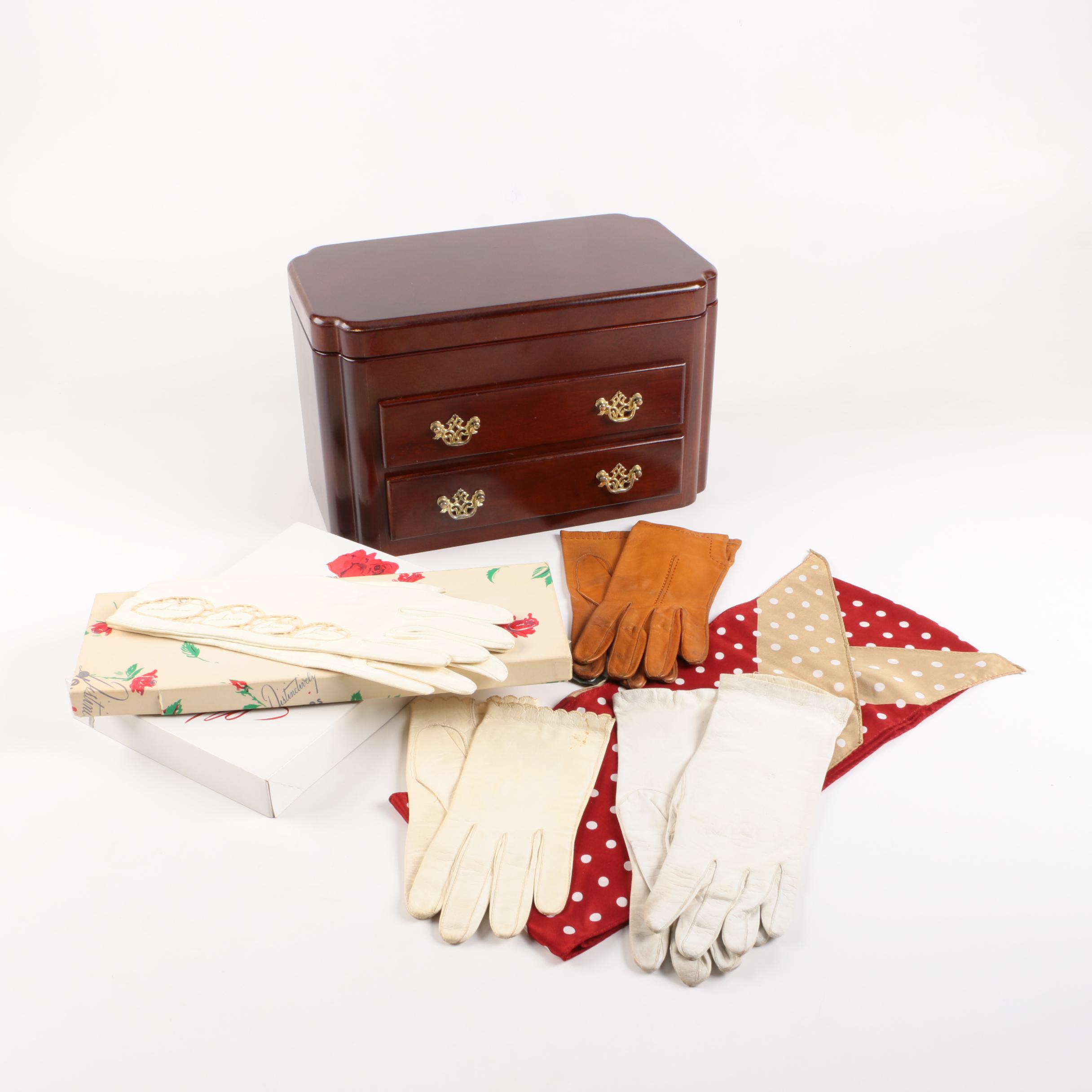 Wooden Jewelry Box and a Collection of Women's Gloves