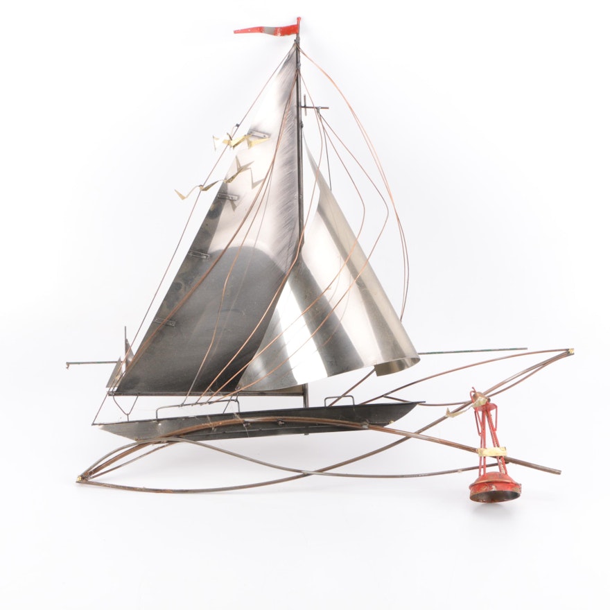 Curtis Jeré Mixed Metal Wall Sculpture of Sailboat on Ocean Waves